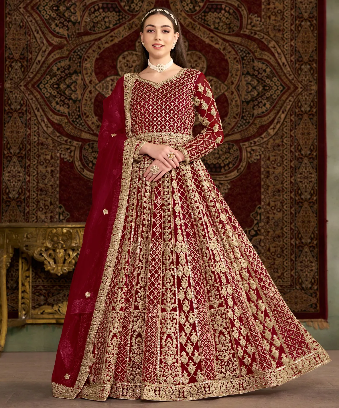 Red Net Heavy Embroidered Designer Gown With Dupatta