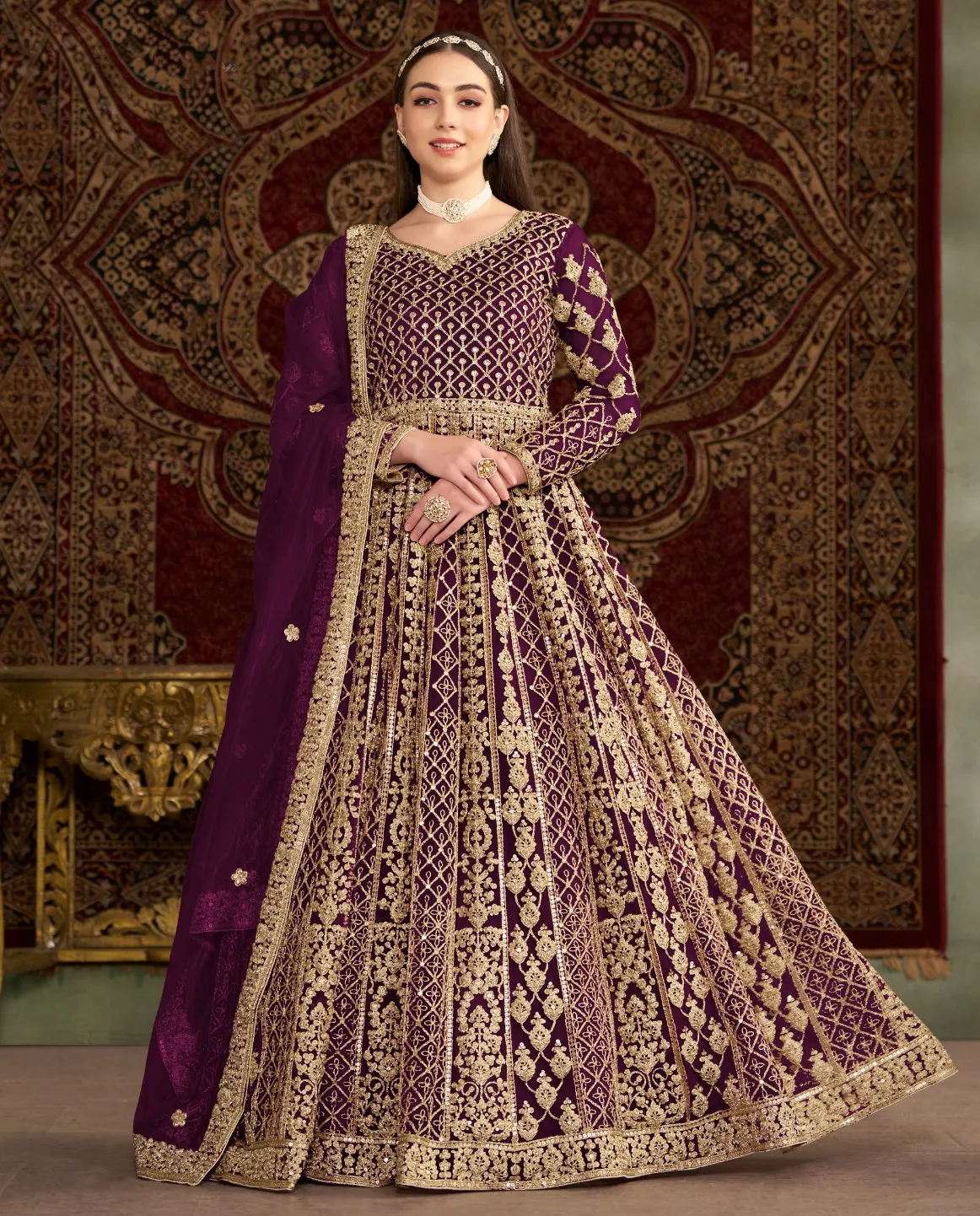 Wine Net Heavy Embroidered Designer Gown With Dupatta