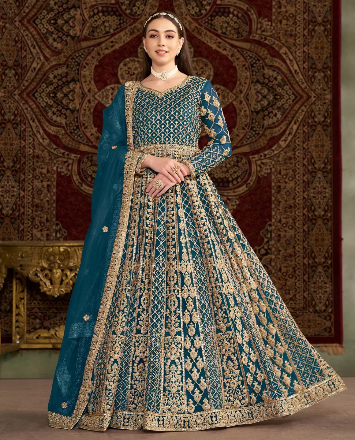 Teal Net Heavy Embroidered Designer Gown With Dupatta