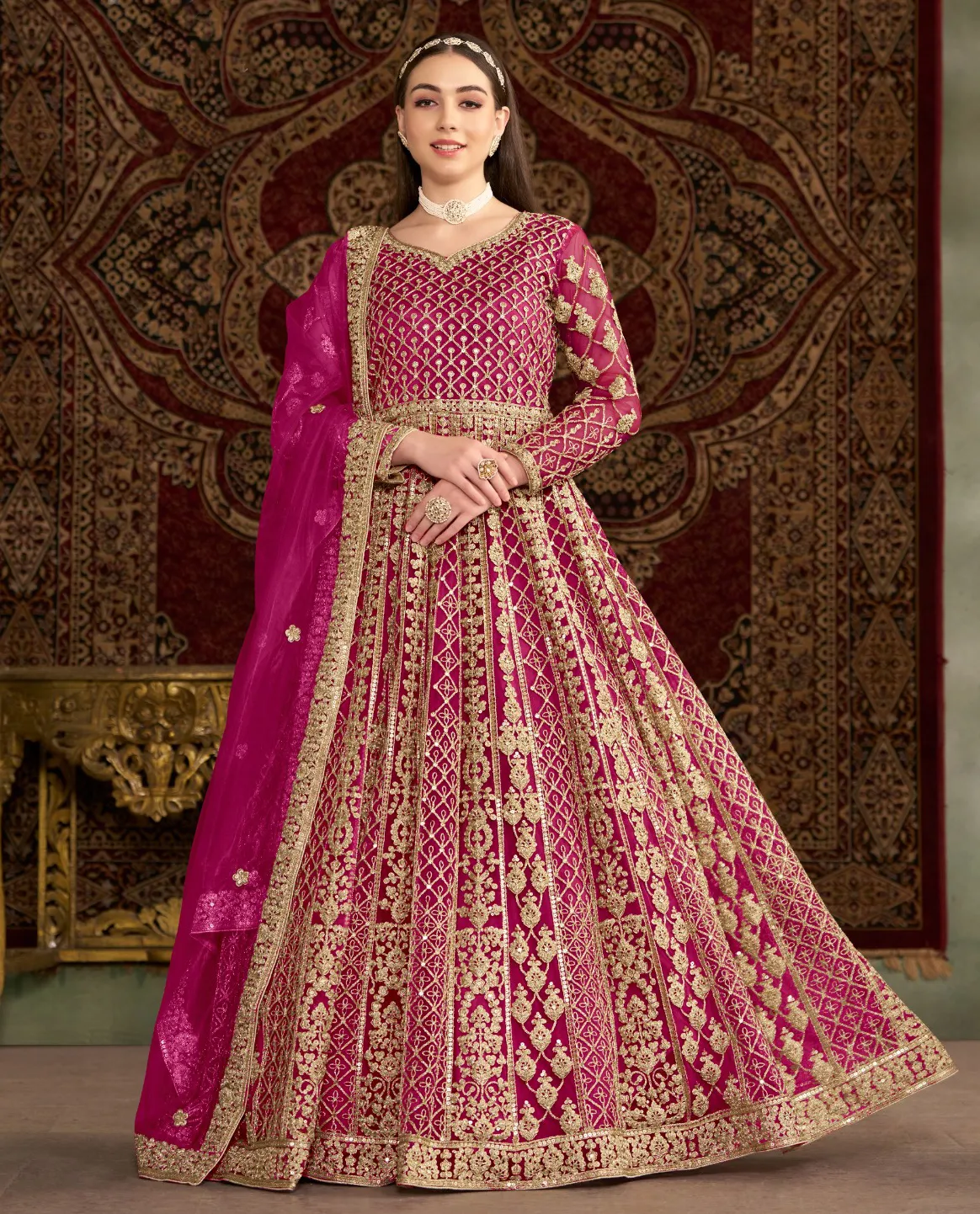Pink Net Heavy Embroidered Designer Gown With Dupatta