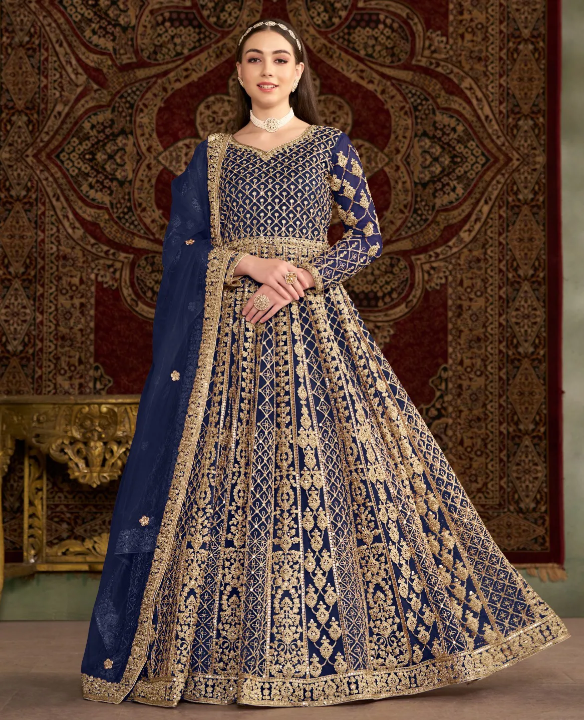 Blue Net Heavy Embroidered Designer Gown With Dupatta