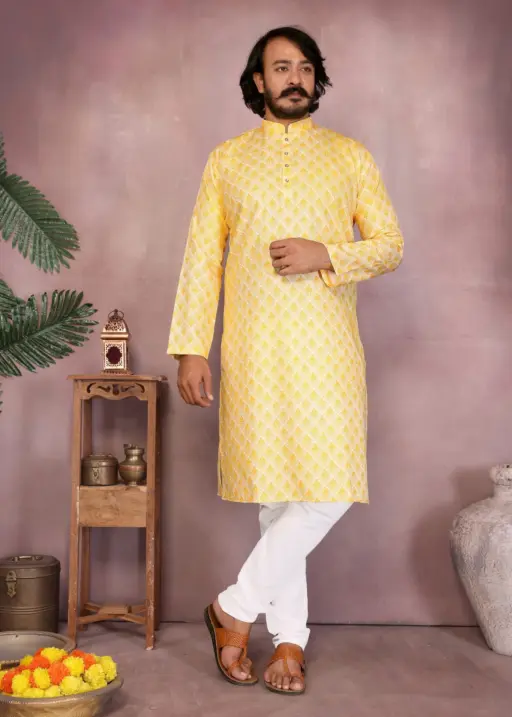 Yellow Heavy Cotton Stitched Printed Men's Kurta Pyjama