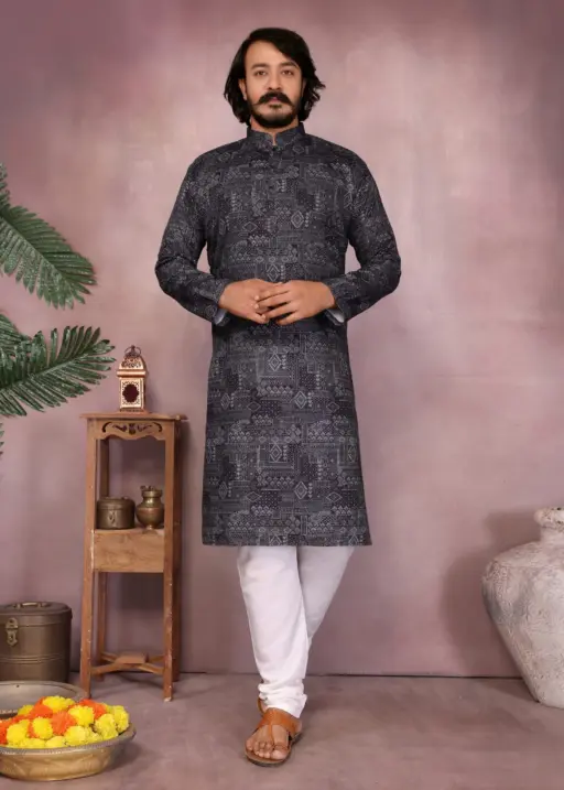 Black Heavy Cotton Stitched Printed Men's Kurta Pyjama