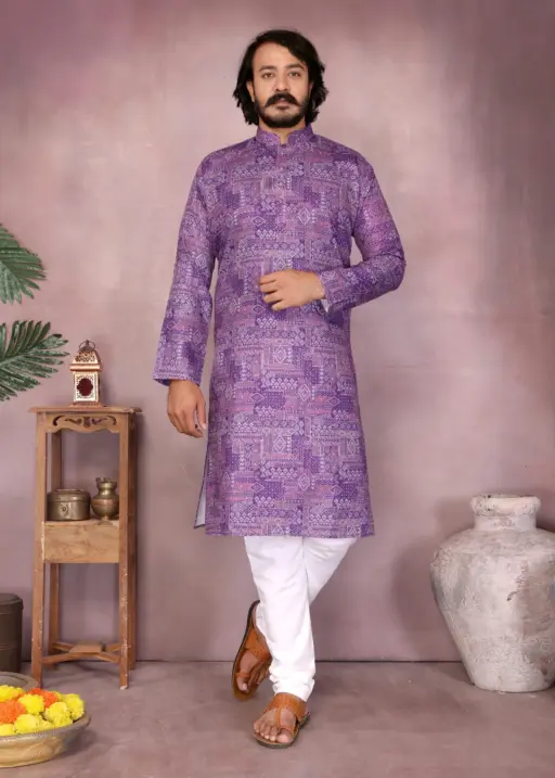 Purple Heavy Cotton Stitched Printed Men's Kurta Pyjama