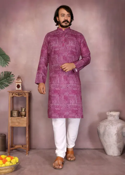 Pink Heavy Cotton Stitched Printed Men's Kurta Pyjama