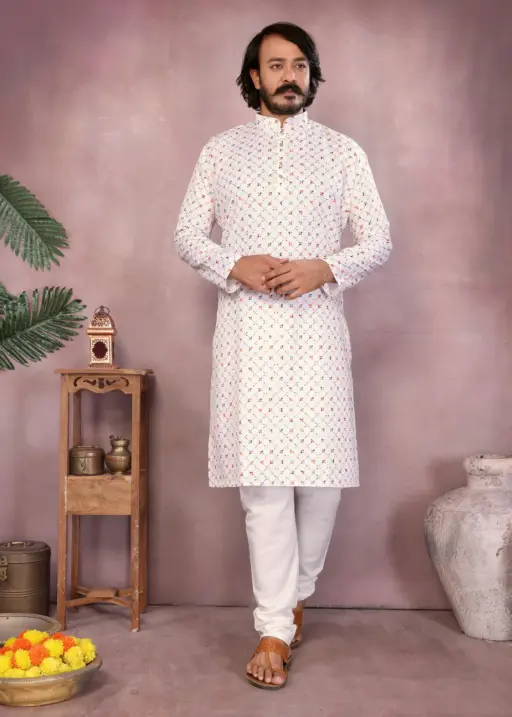 White Heavy Cotton Stitched Printed Men's Kurta Pyjama