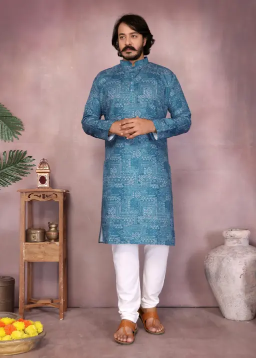 Blue Heavy Cotton Stitched Printed Men's Kurta Pyjama