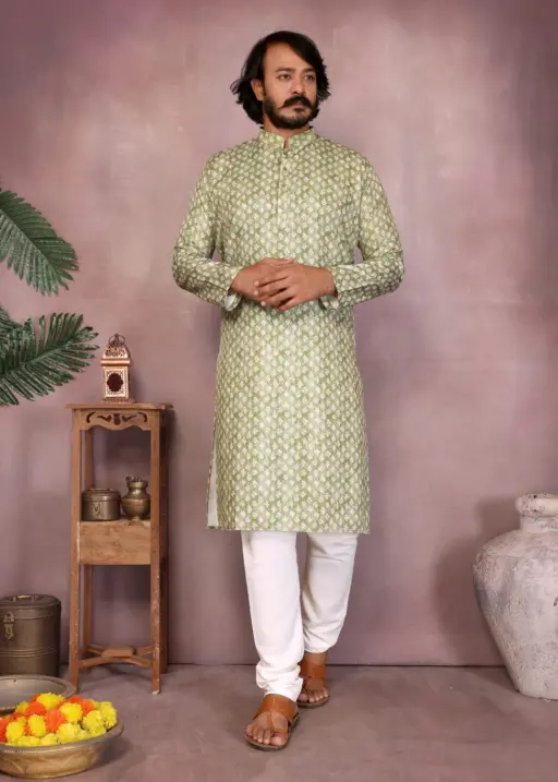 Olive Heavy Cotton Stitched Printed Men's Kurta Pyjama