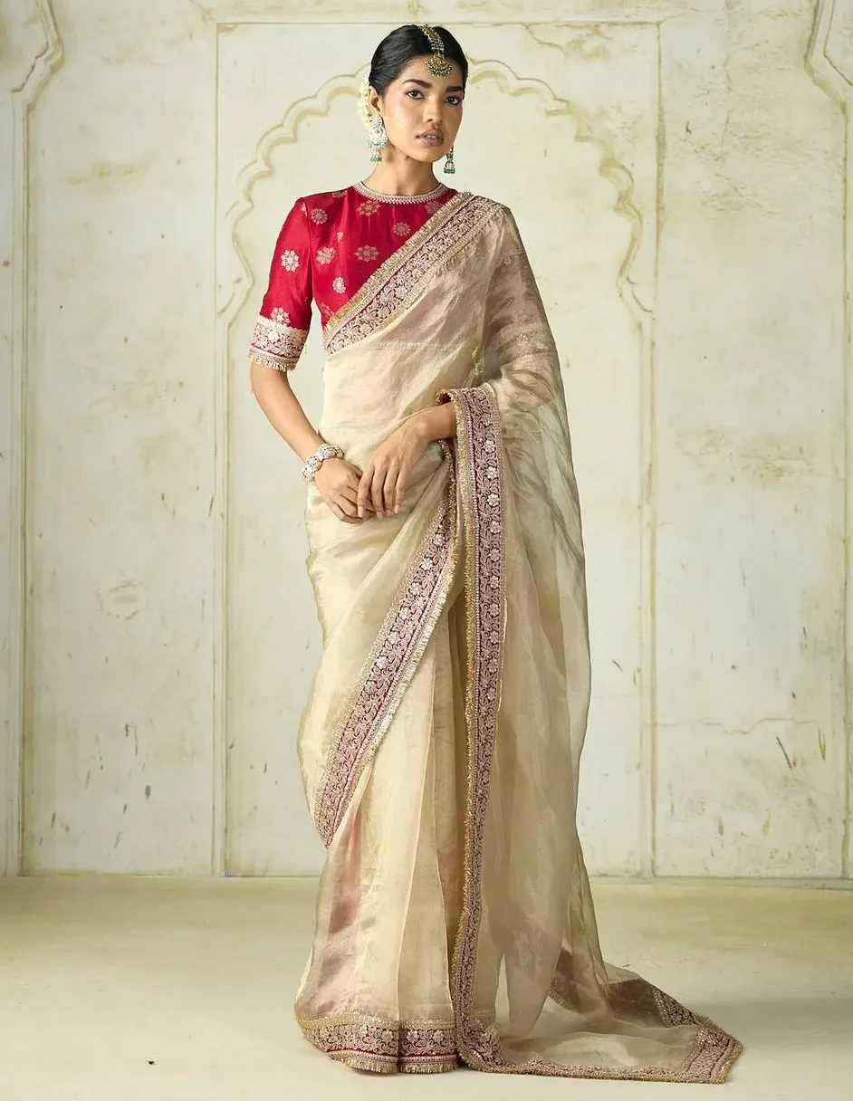 Cream Soft Silk Sequence Work Saree