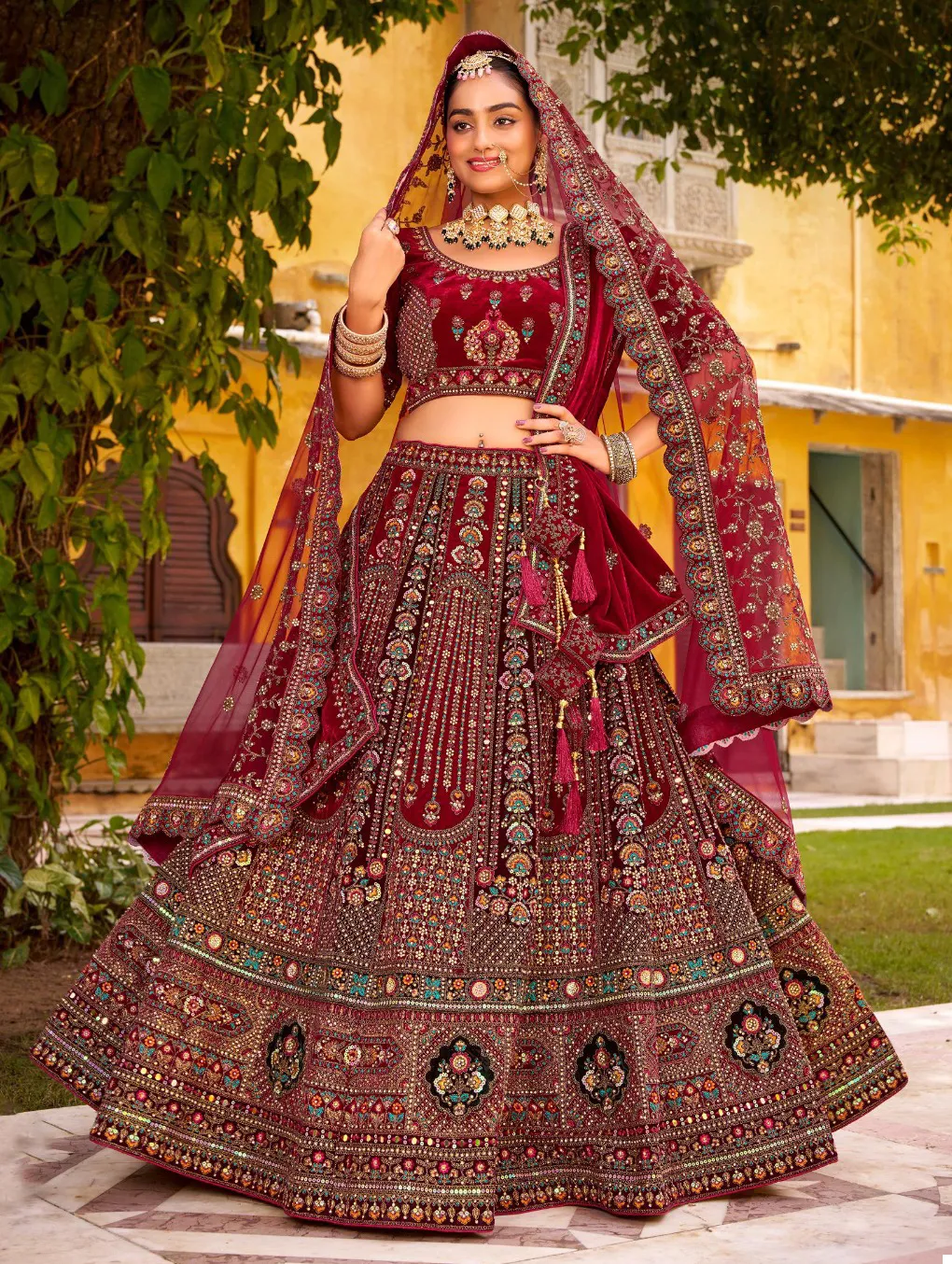 Maroon Premium Velvet Mirror Hand Work Readymade Lehenga - Image 2