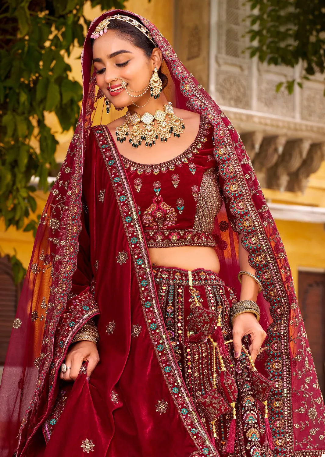 Maroon Premium Velvet Mirror Hand Work Readymade Lehenga - Image 6