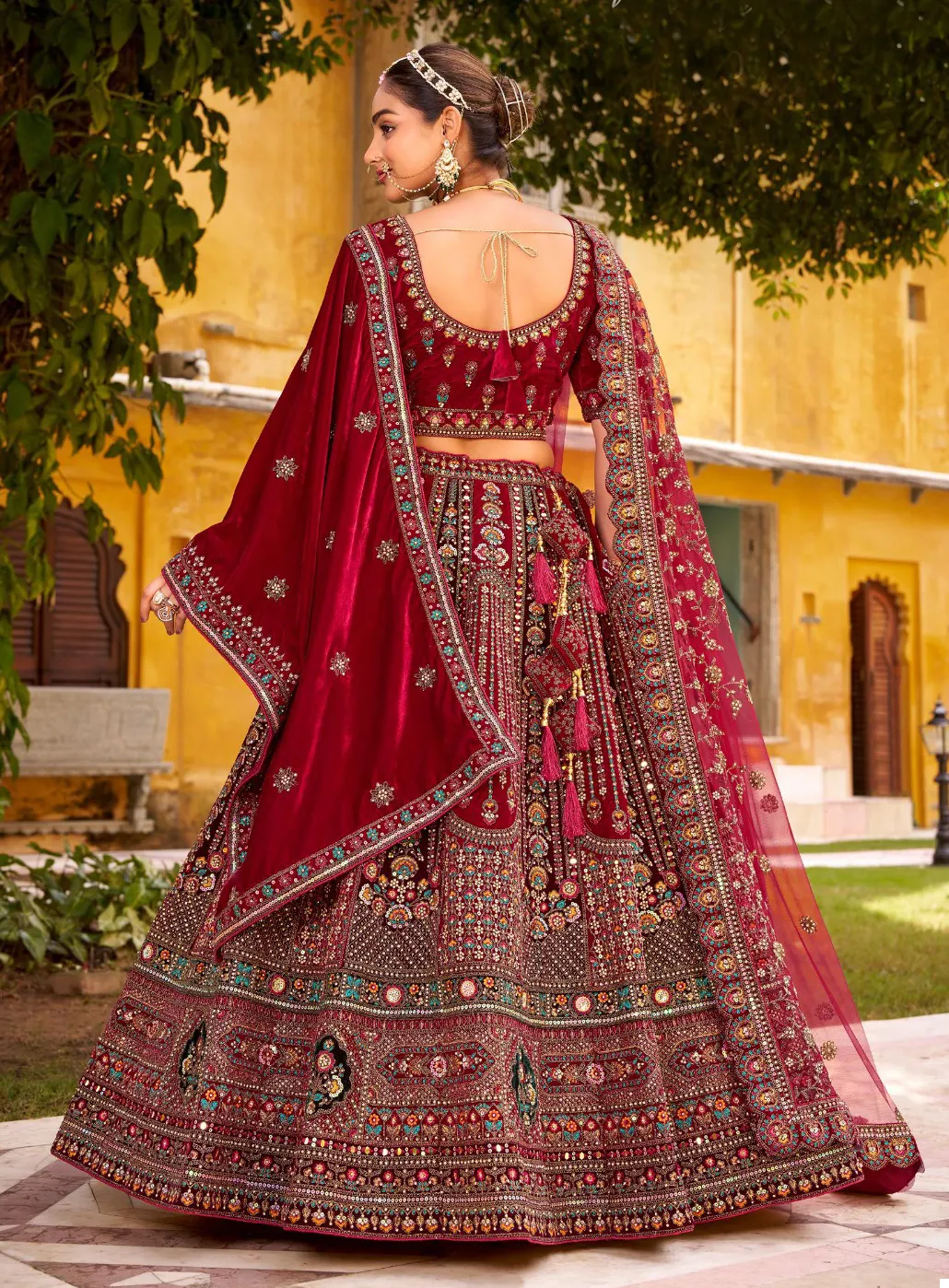 Maroon Premium Velvet Mirror Hand Work Readymade Lehenga - Image 3