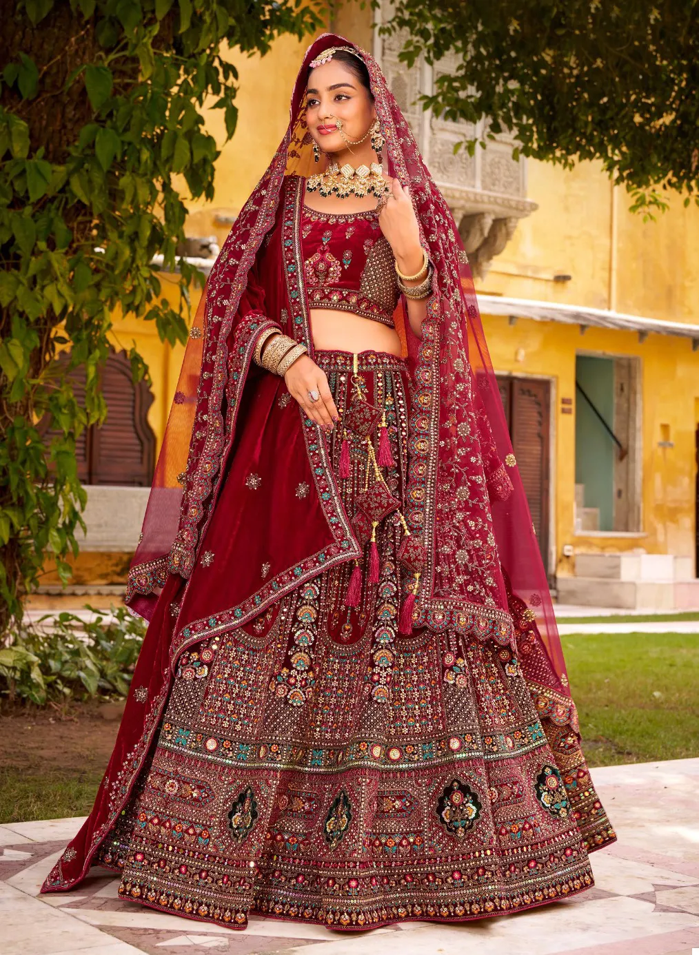 Maroon Premium Velvet Mirror Hand Work Readymade Lehenga