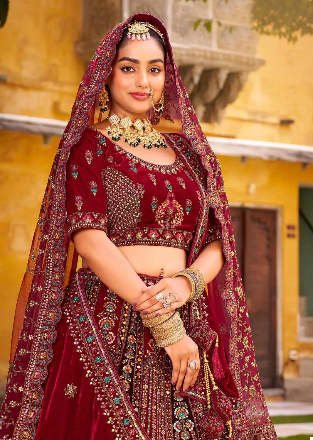 Maroon Premium Velvet Mirror Hand Work Readymade Lehenga - Image 4