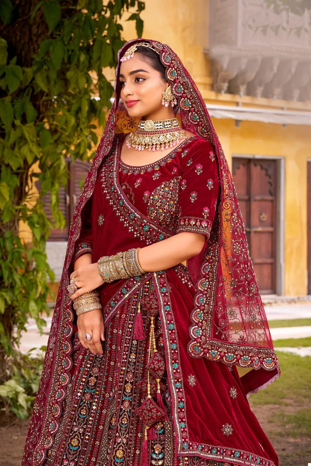 Maroon Premium Velvet Mirror Hand Work Readymade Lehenga - Image 5