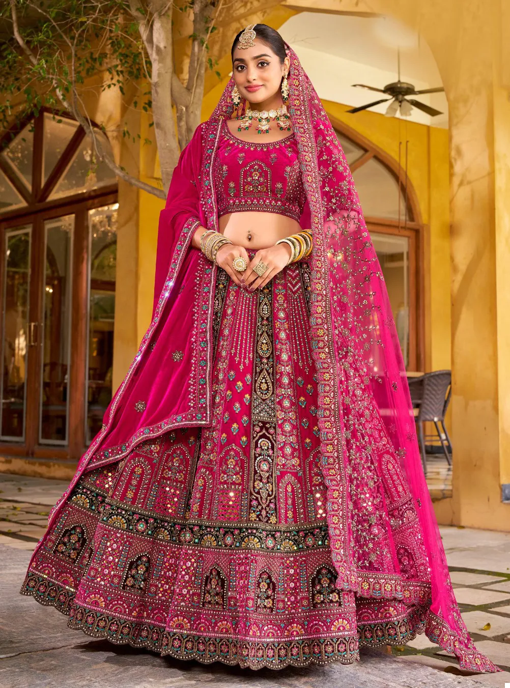 Hot Pink Premium Velvet Hand Work Readymade Lehenga