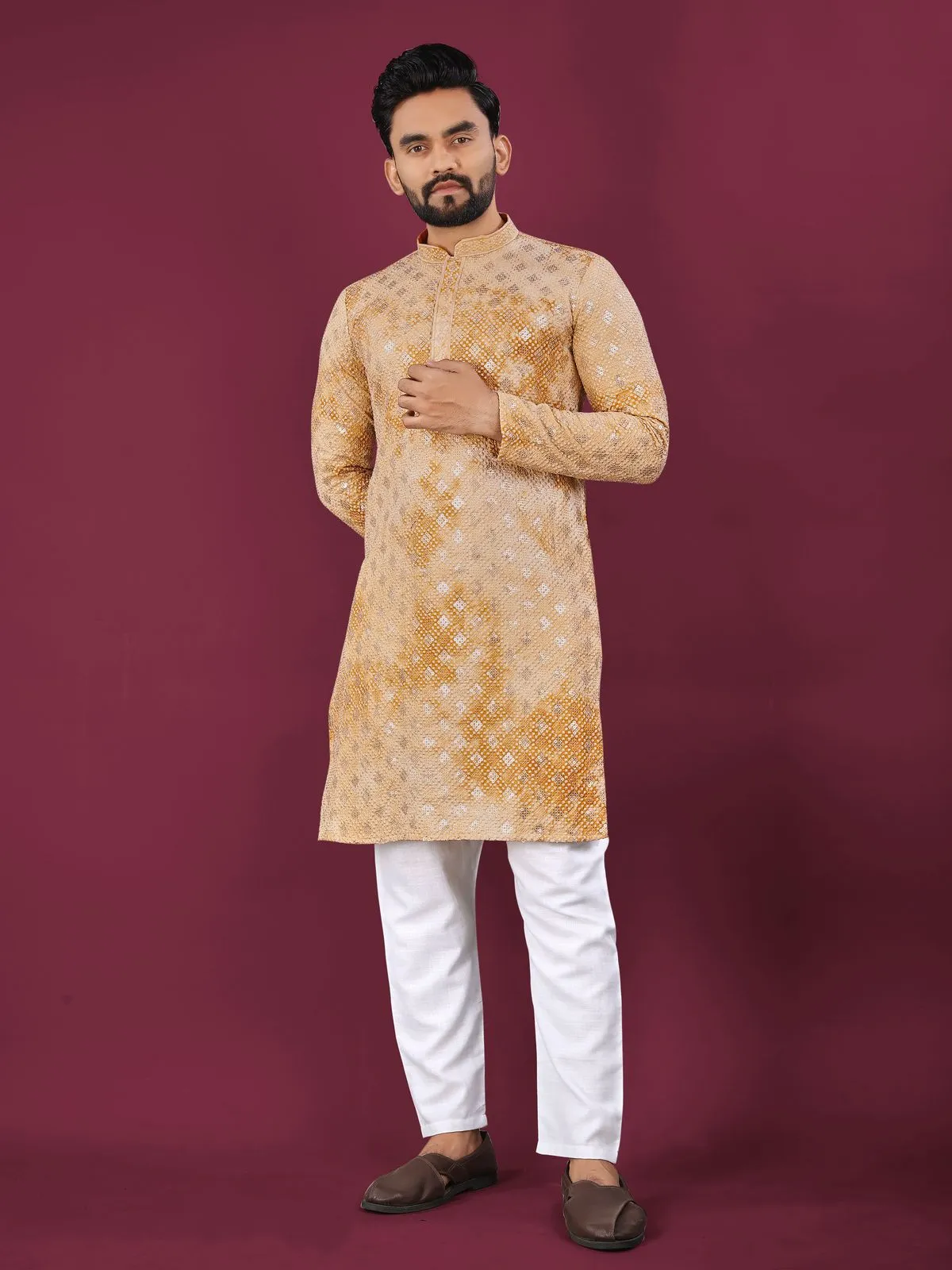Mustard Viscose Rayon Schifli Work Mens Kurta Pyjama