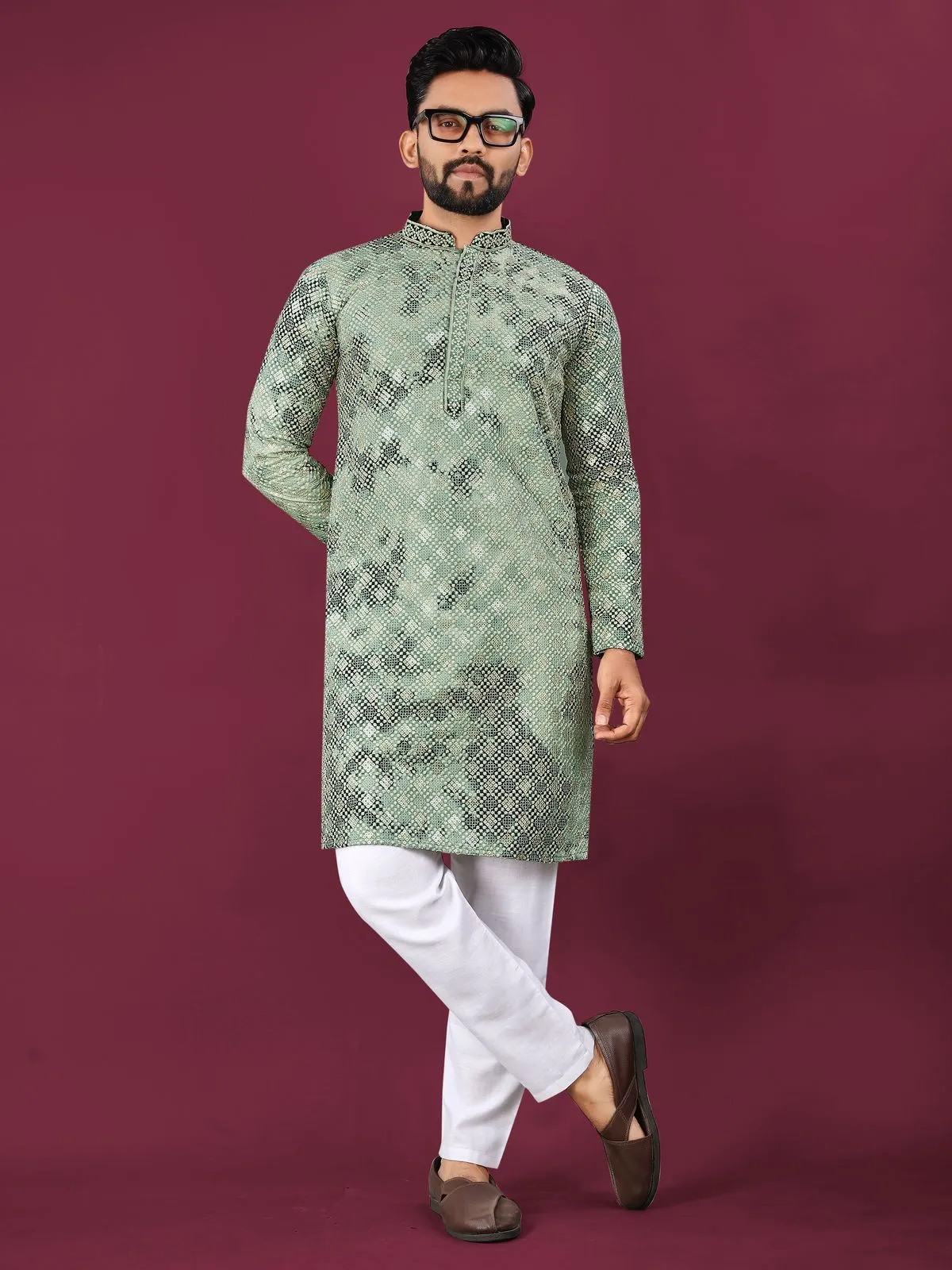 Green Viscose Rayon Schifli Work Mens Kurta Pyjama
