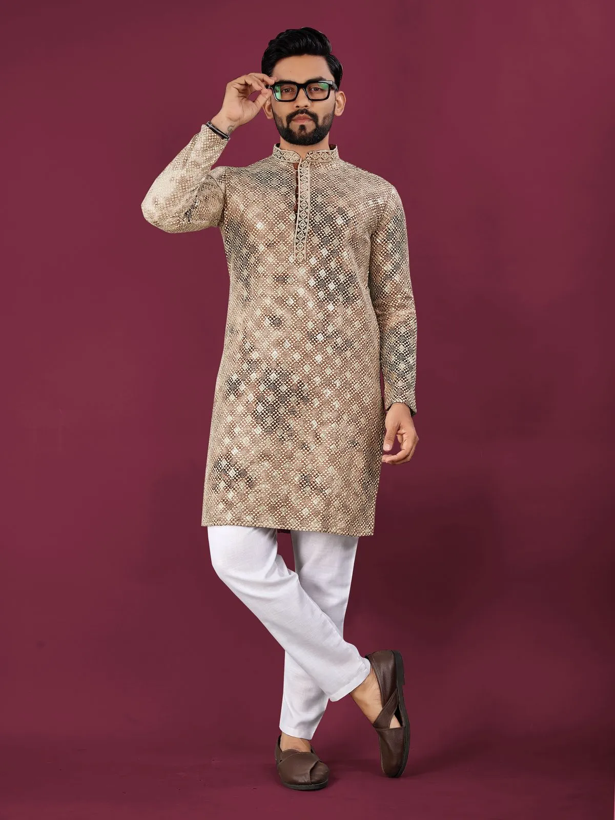 Beige Viscose Rayon Schifli Work Mens Kurta Pyjama