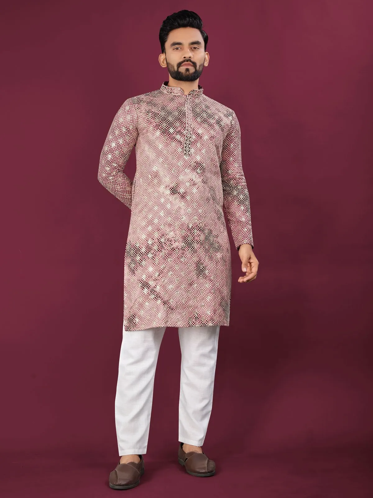 Purple Viscose Rayon Schifli Work Mens Kurta Pyjama