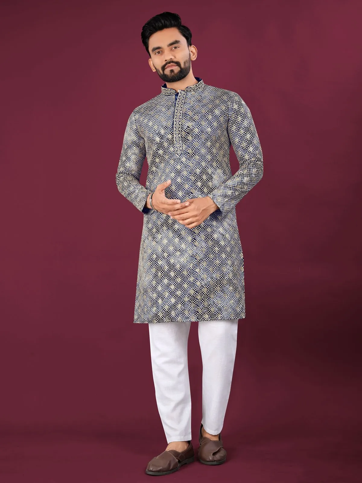 Blue Viscose Rayon Schifli Work Mens Kurta Pyjama
