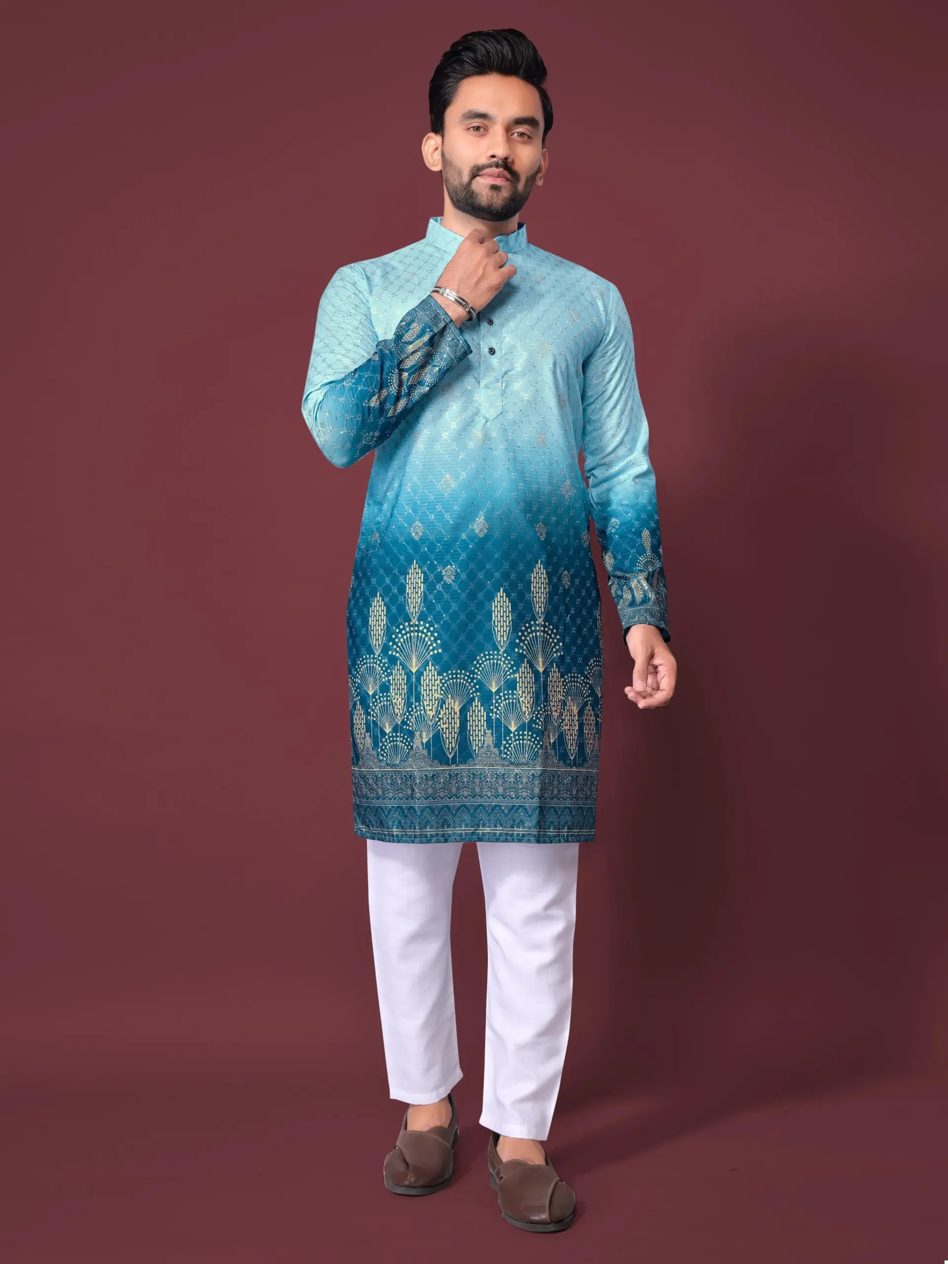 Blue Cotton Rayon Crochet Work Mens Kurta Pyjama