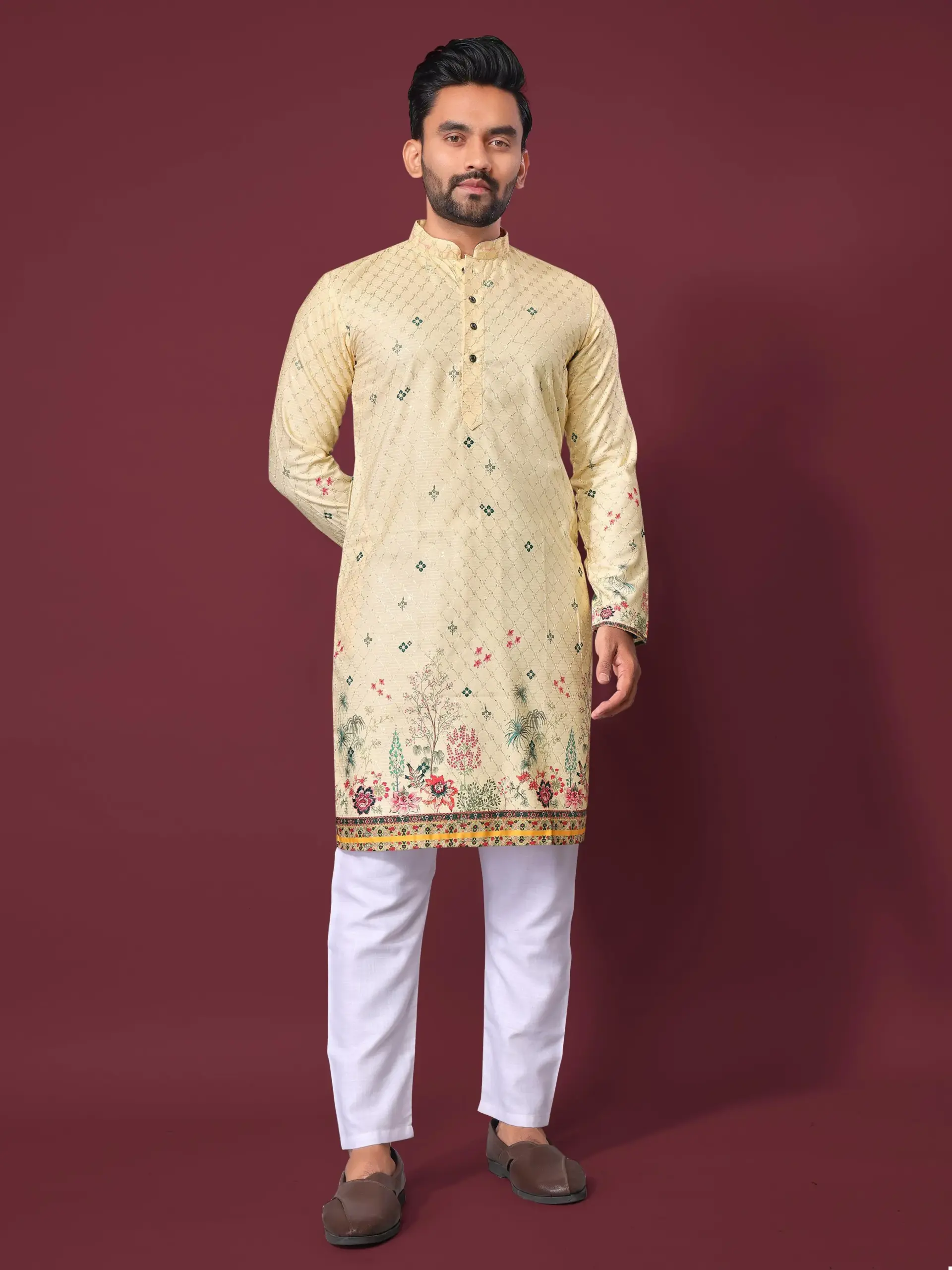 Cream Cotton Rayon Crochet Work Mens Kurta Pyjama