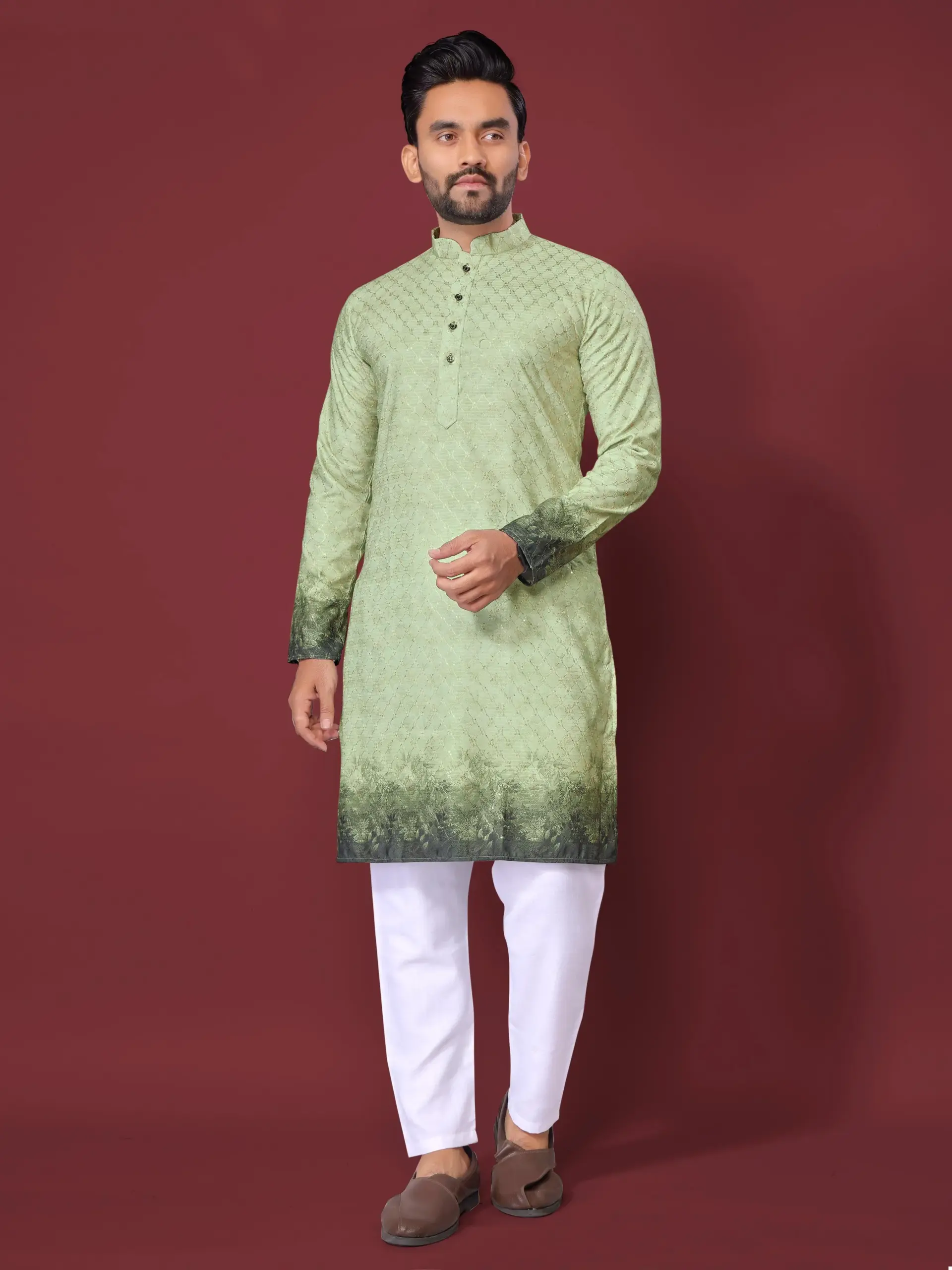 Mint Green Cotton Rayon Crochet Work Mens Kurta Pyjama