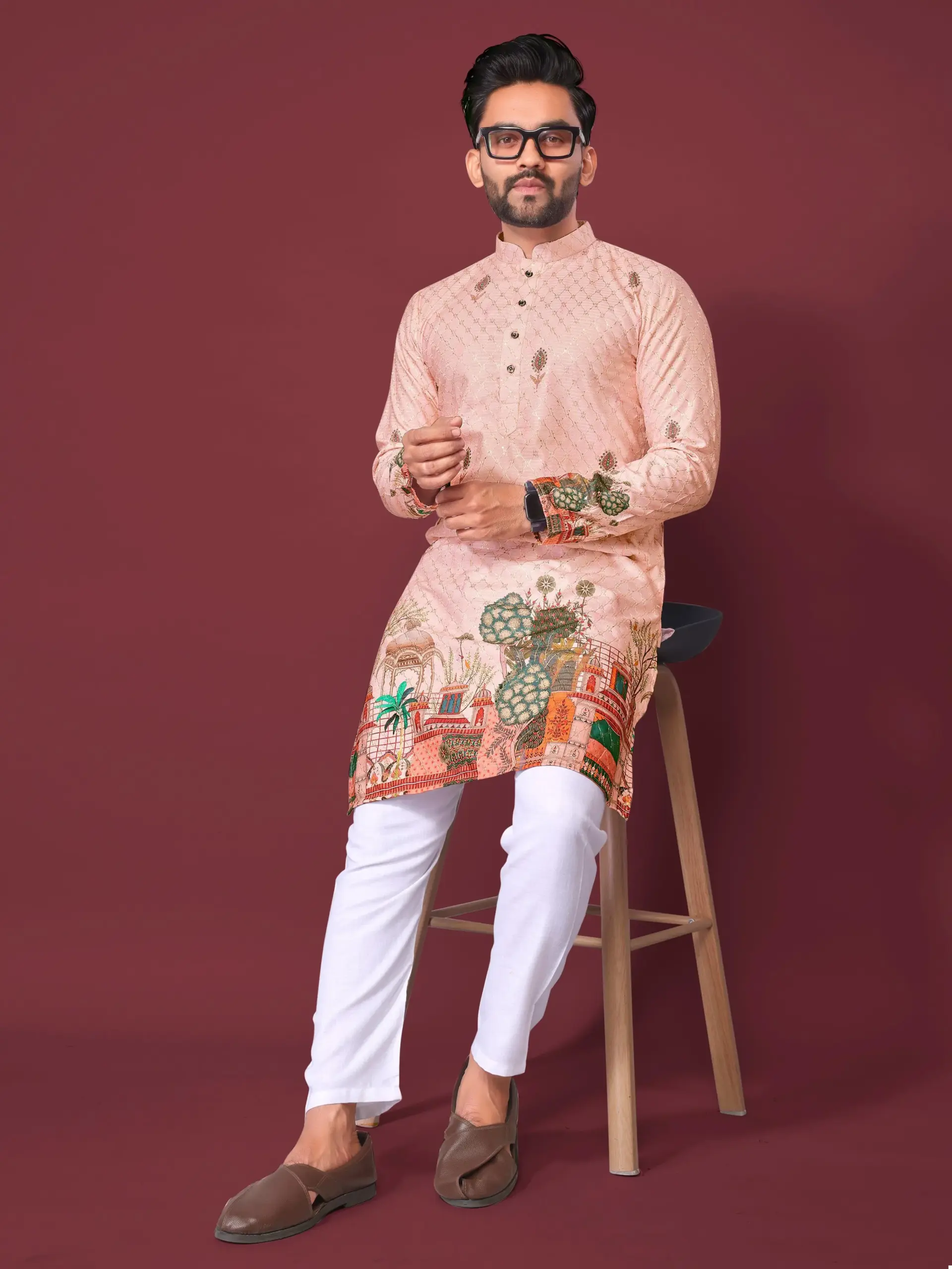 Pink Cotton Rayon Crochet Work Mens Kurta Pyjama
