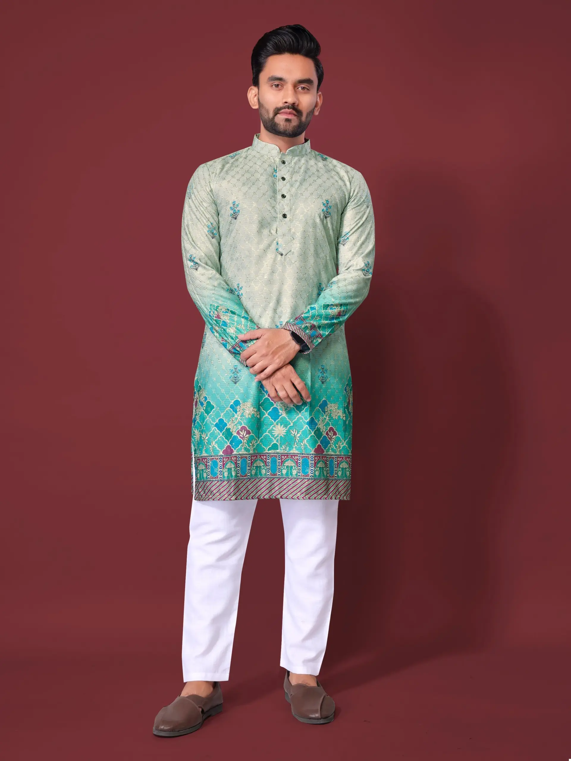 Turquoise Cotton Rayon Crochet Work Mens Kurta Pyjama