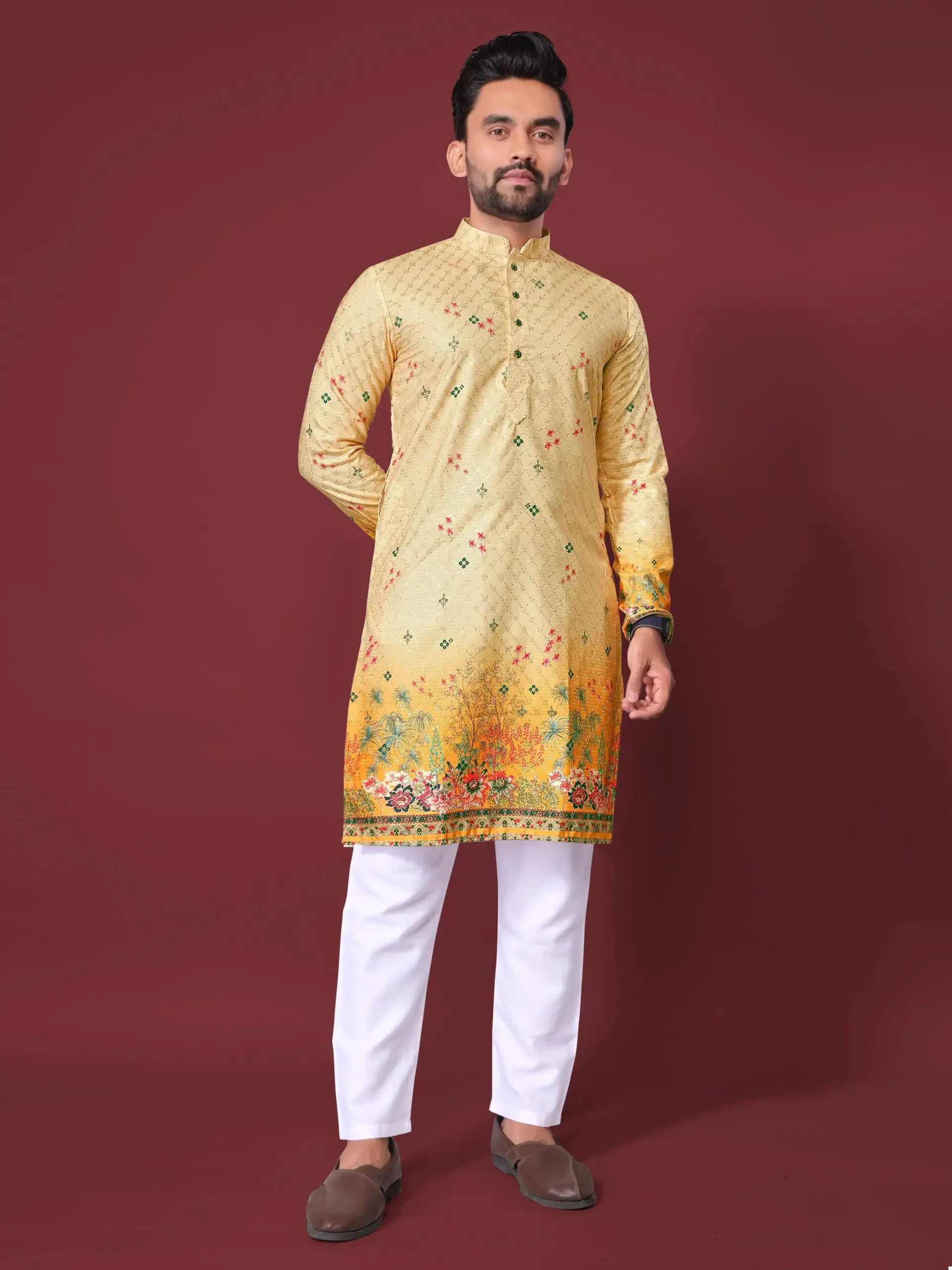 Yellow Cotton Rayon Crochet Work Mens Kurta Pyjama