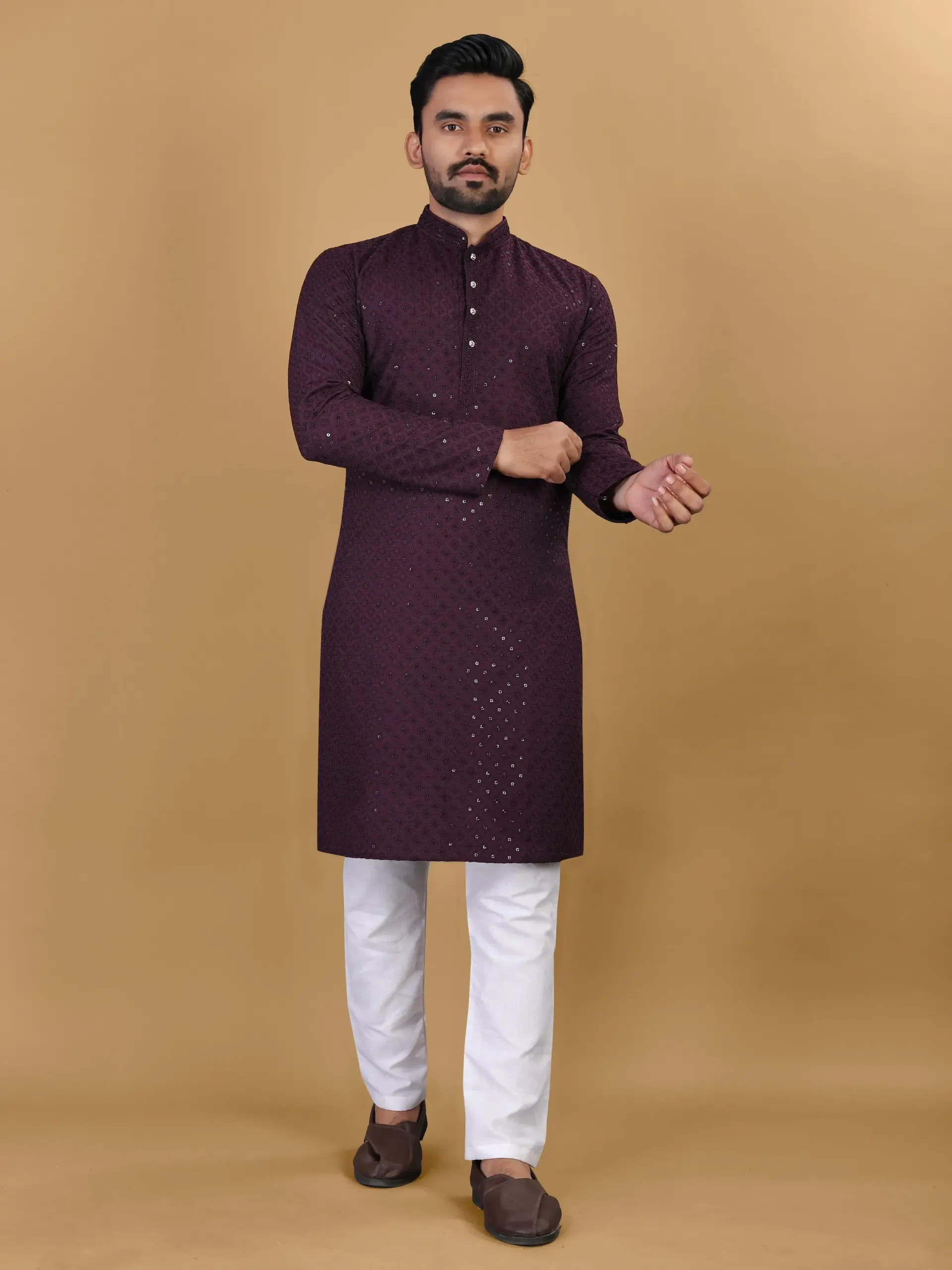 Wine Cotton Rayon Sequins Work Mens Kurta Pyjama