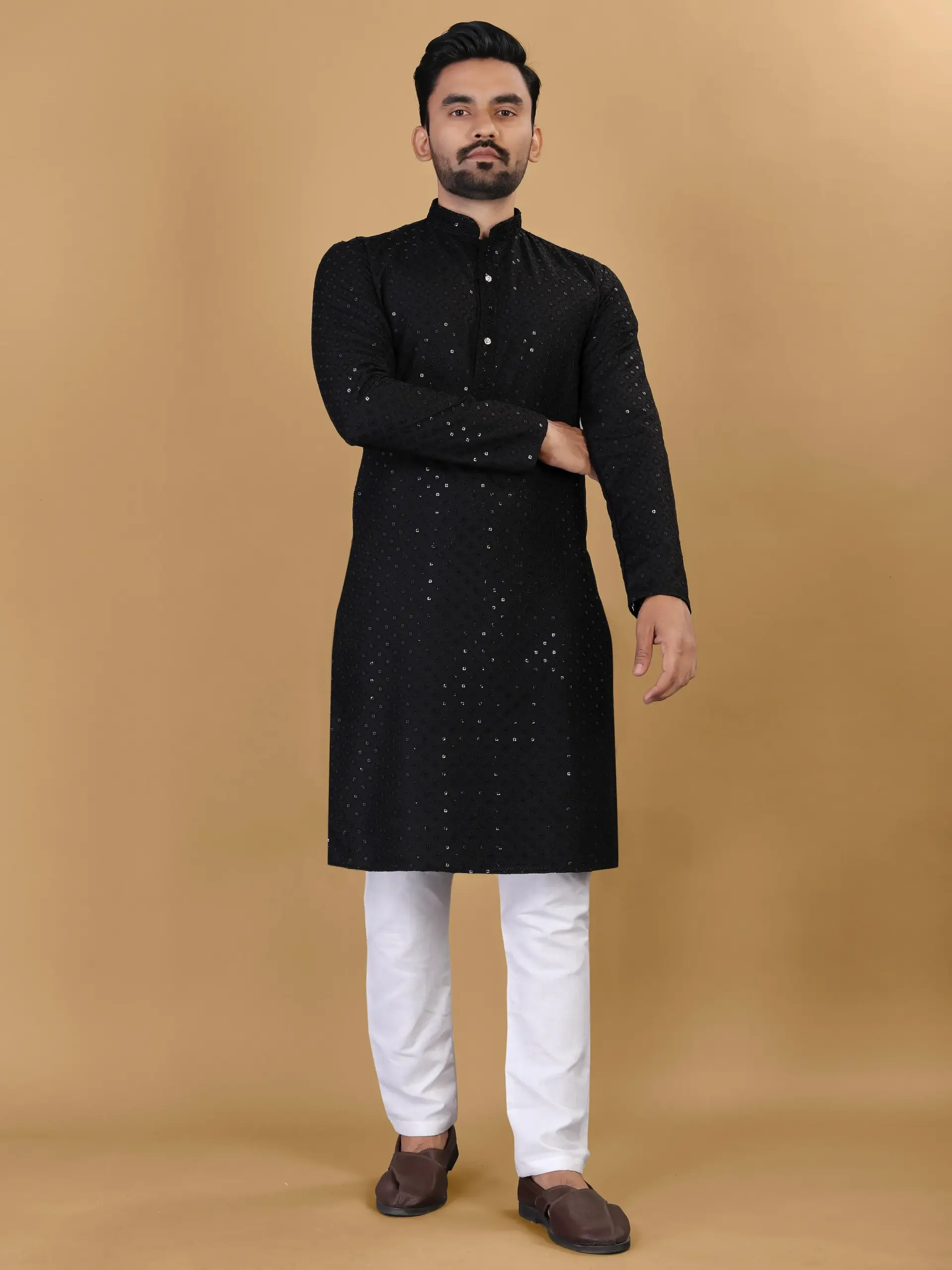 Black Cotton Rayon Sequins Work Mens Kurta Pyjama