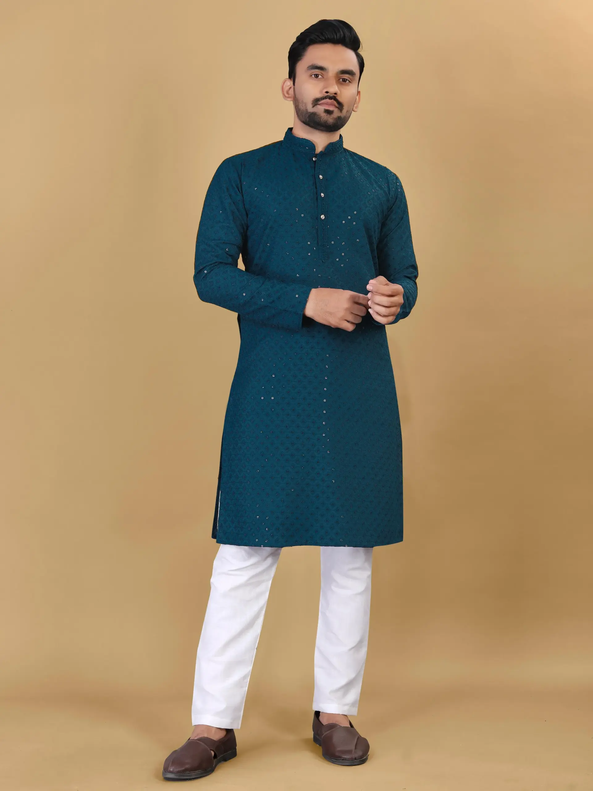 Rama Cotton Rayon Sequins Work Mens Kurta Pyjama