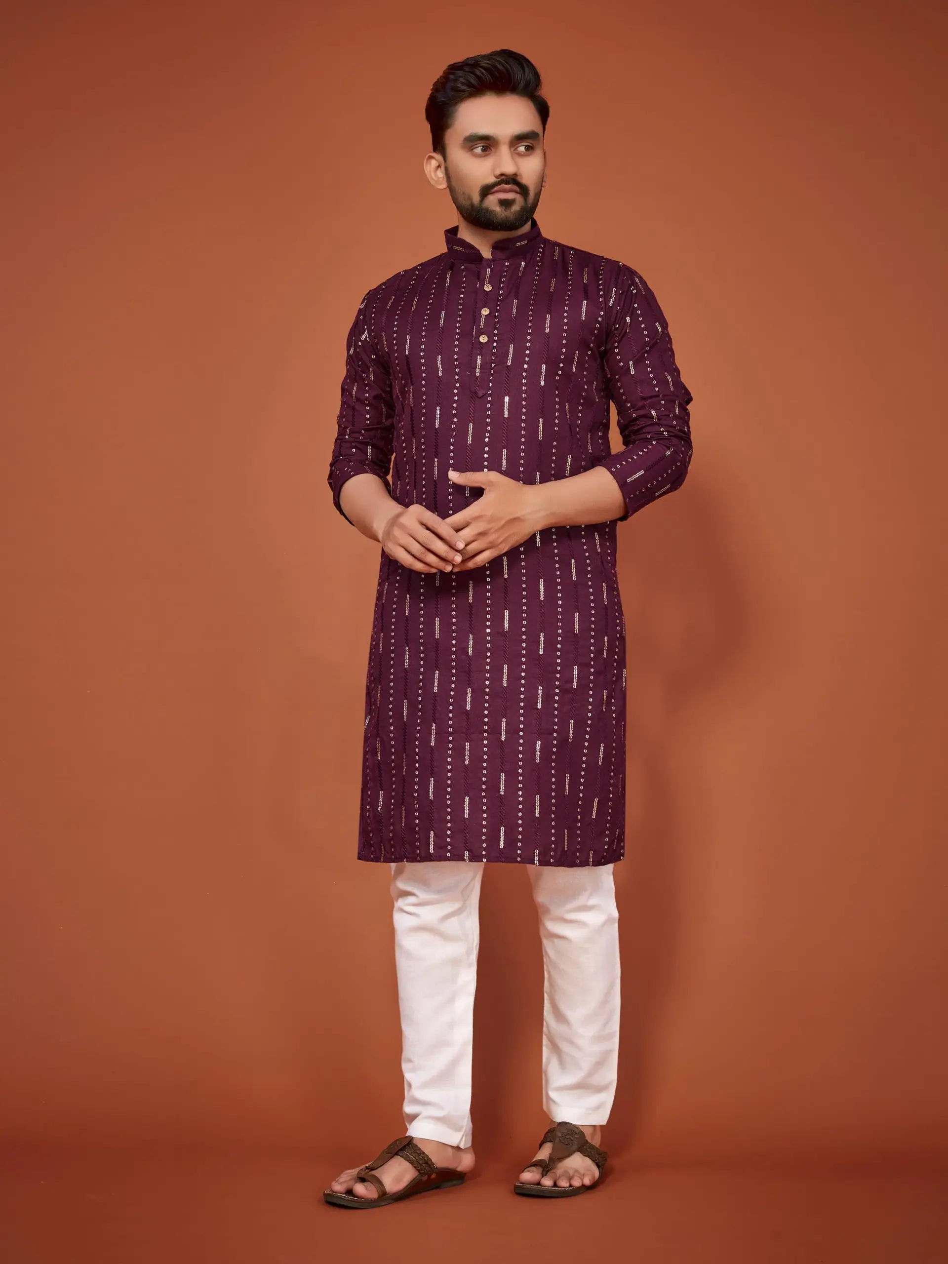 Wine Soft Cotton Sequins Work Mens Kurta Pyjama
