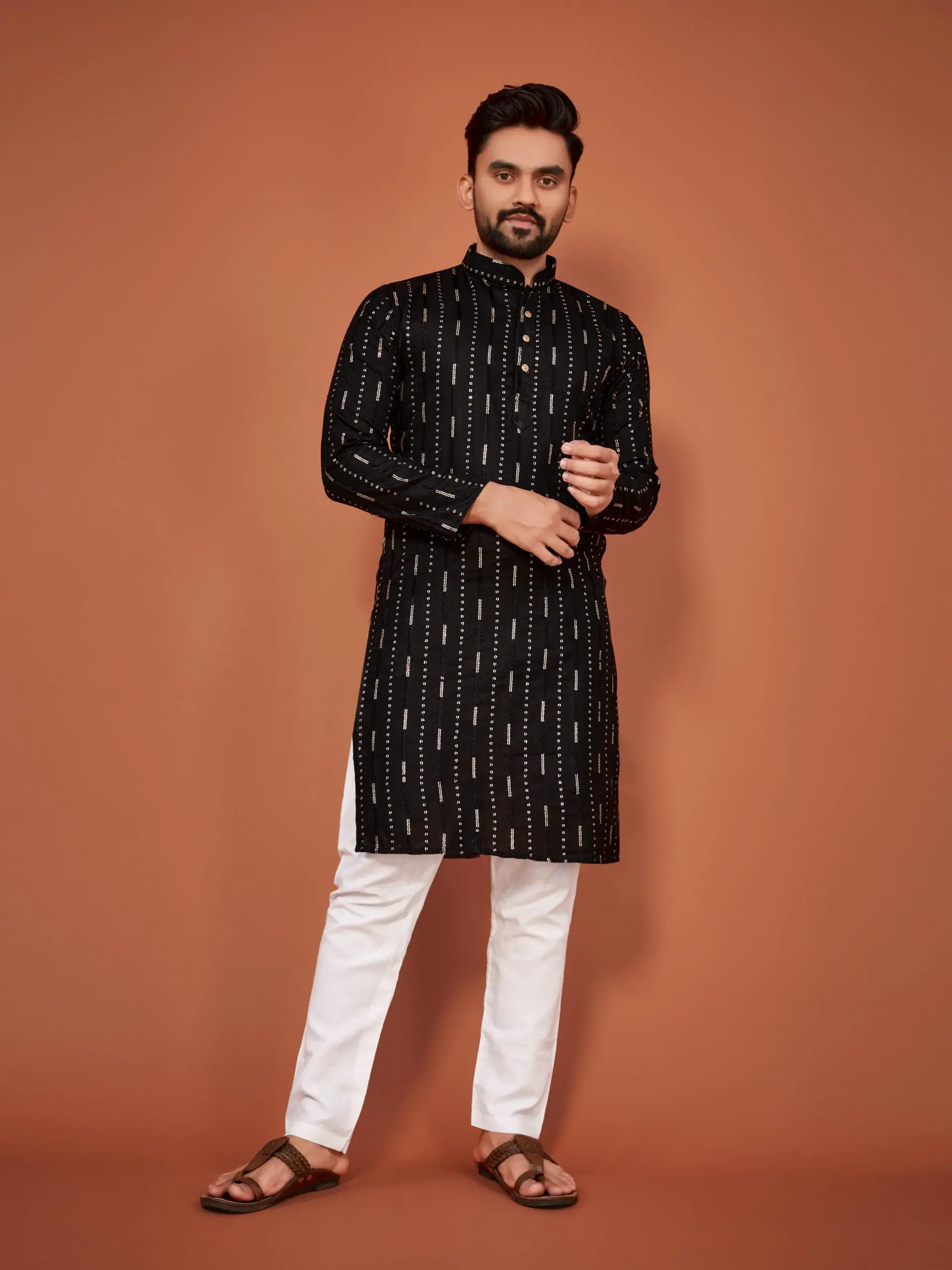 Black Soft Cotton Sequins Work Mens Kurta Pyjama