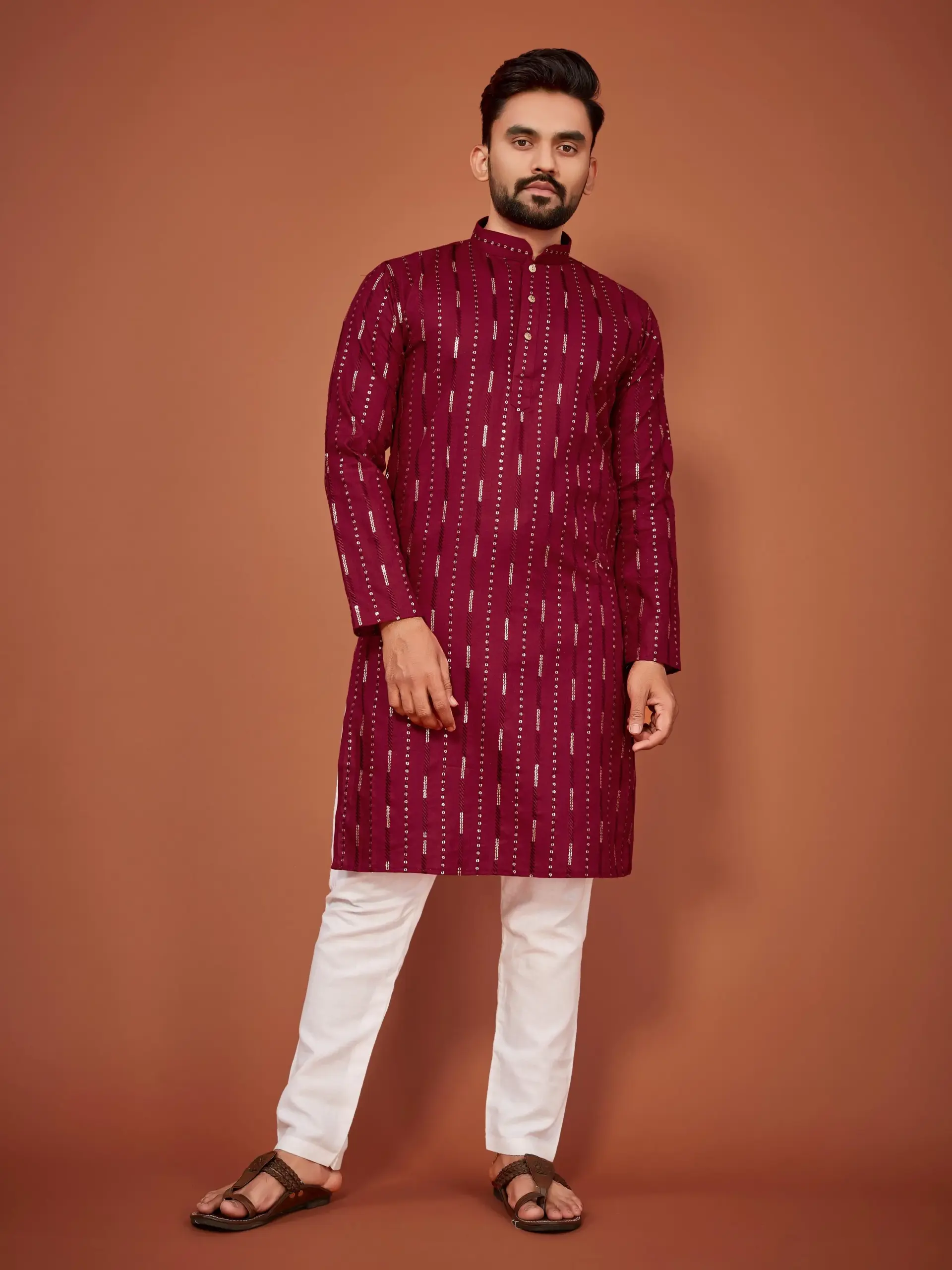 Maroon Soft Cotton Sequins Work Mens Kurta Pyjama