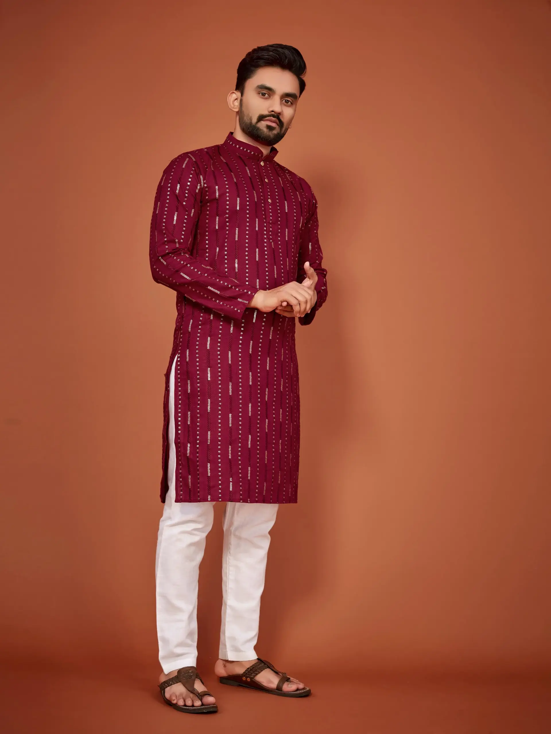 Maroon Soft Cotton Sequins Work Mens Kurta Pyjama - Image 2
