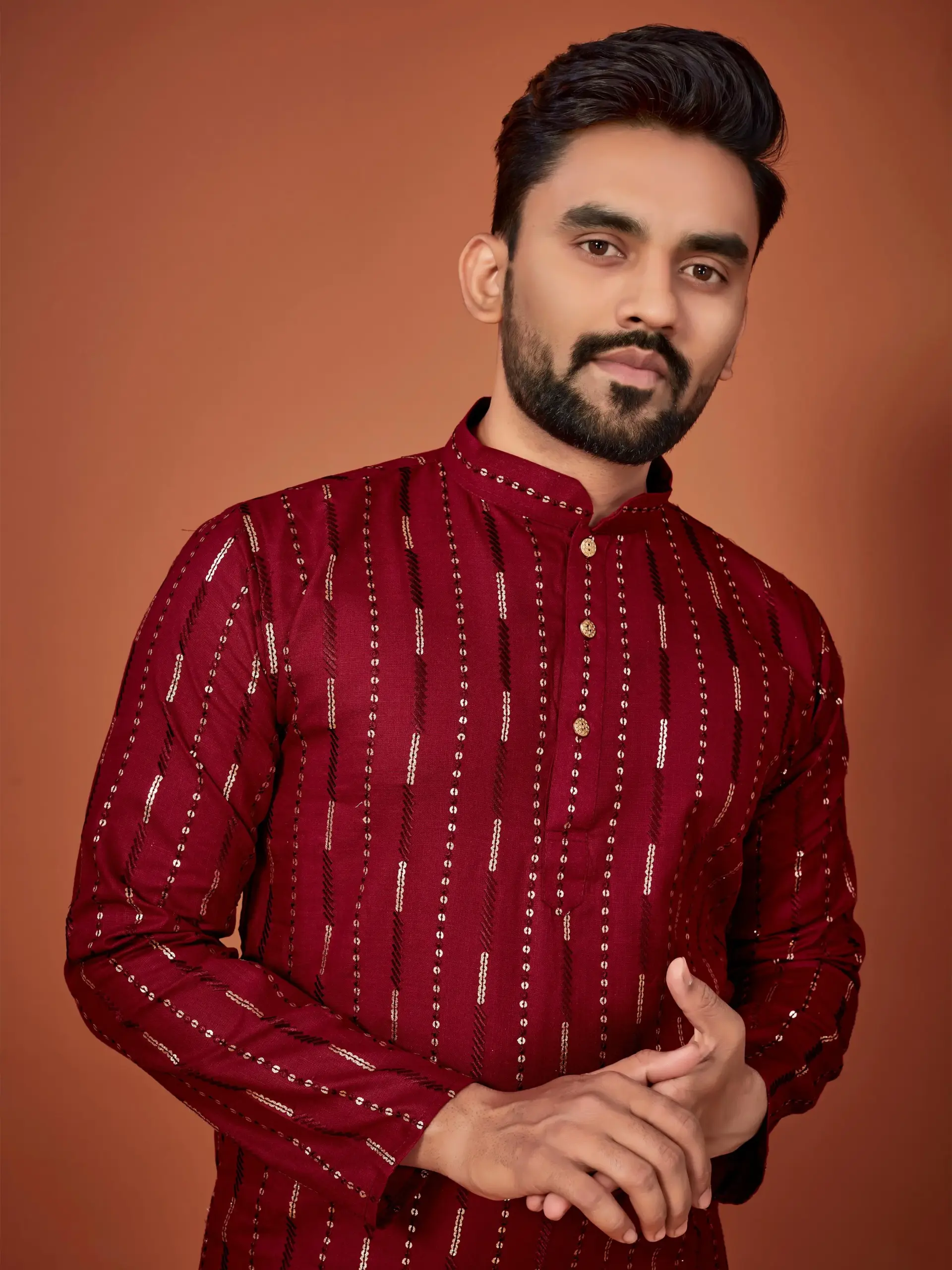 Maroon Soft Cotton Sequins Work Mens Kurta Pyjama - Image 3