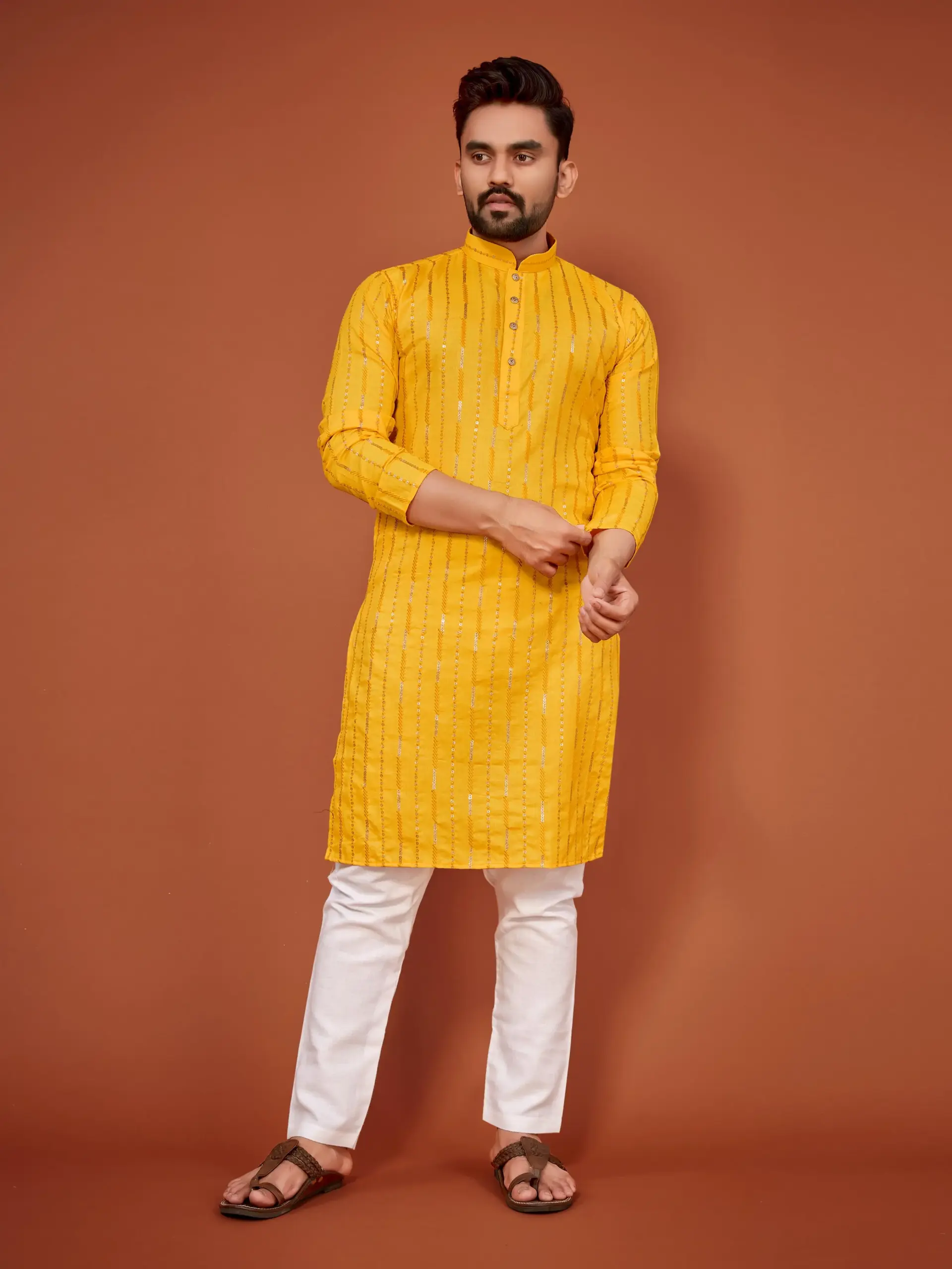 Yellow Soft Cotton Sequins Work Mens Kurta Pyjama