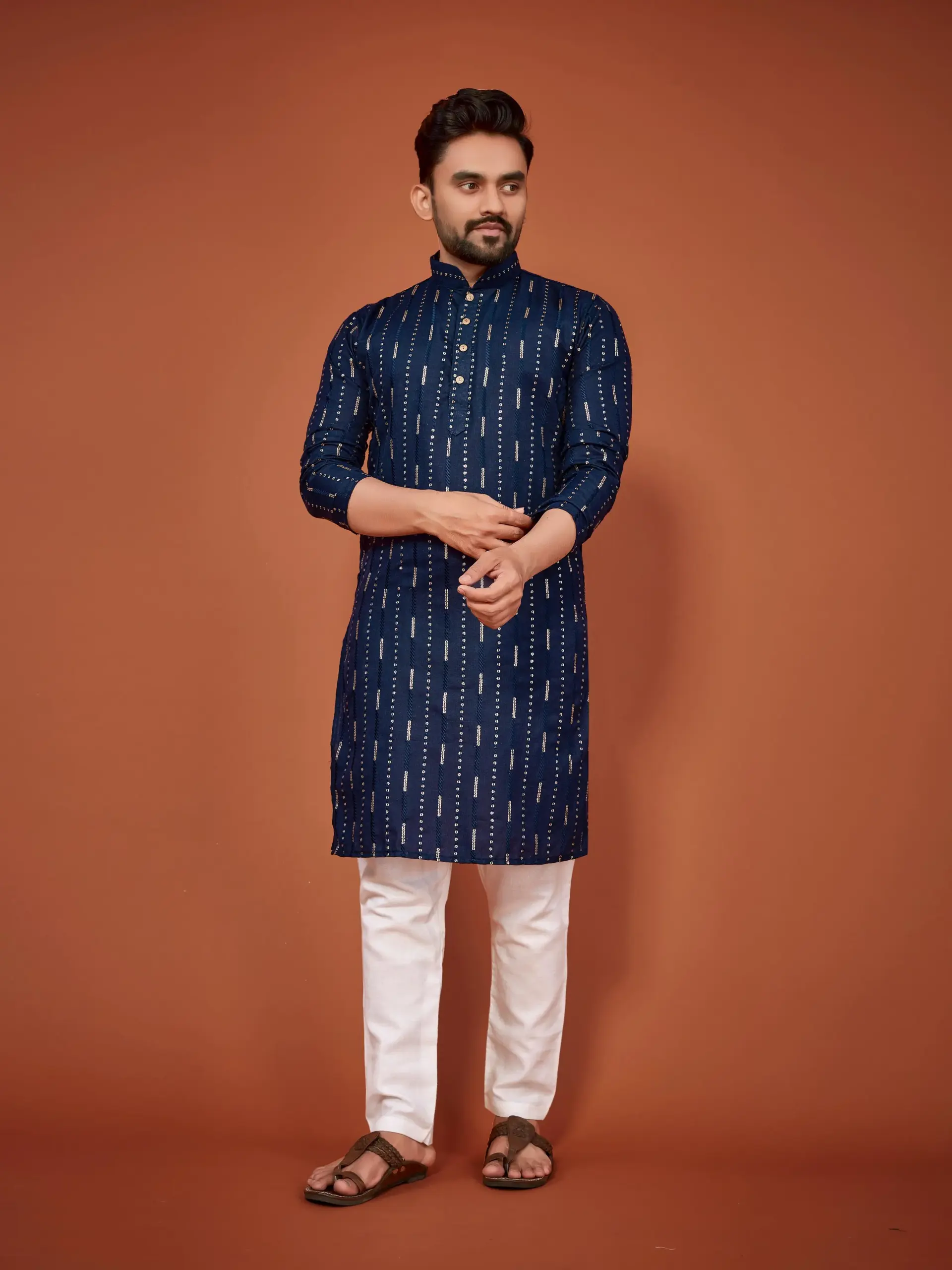 Blue Soft Cotton Sequins Work Mens Kurta Pyjama