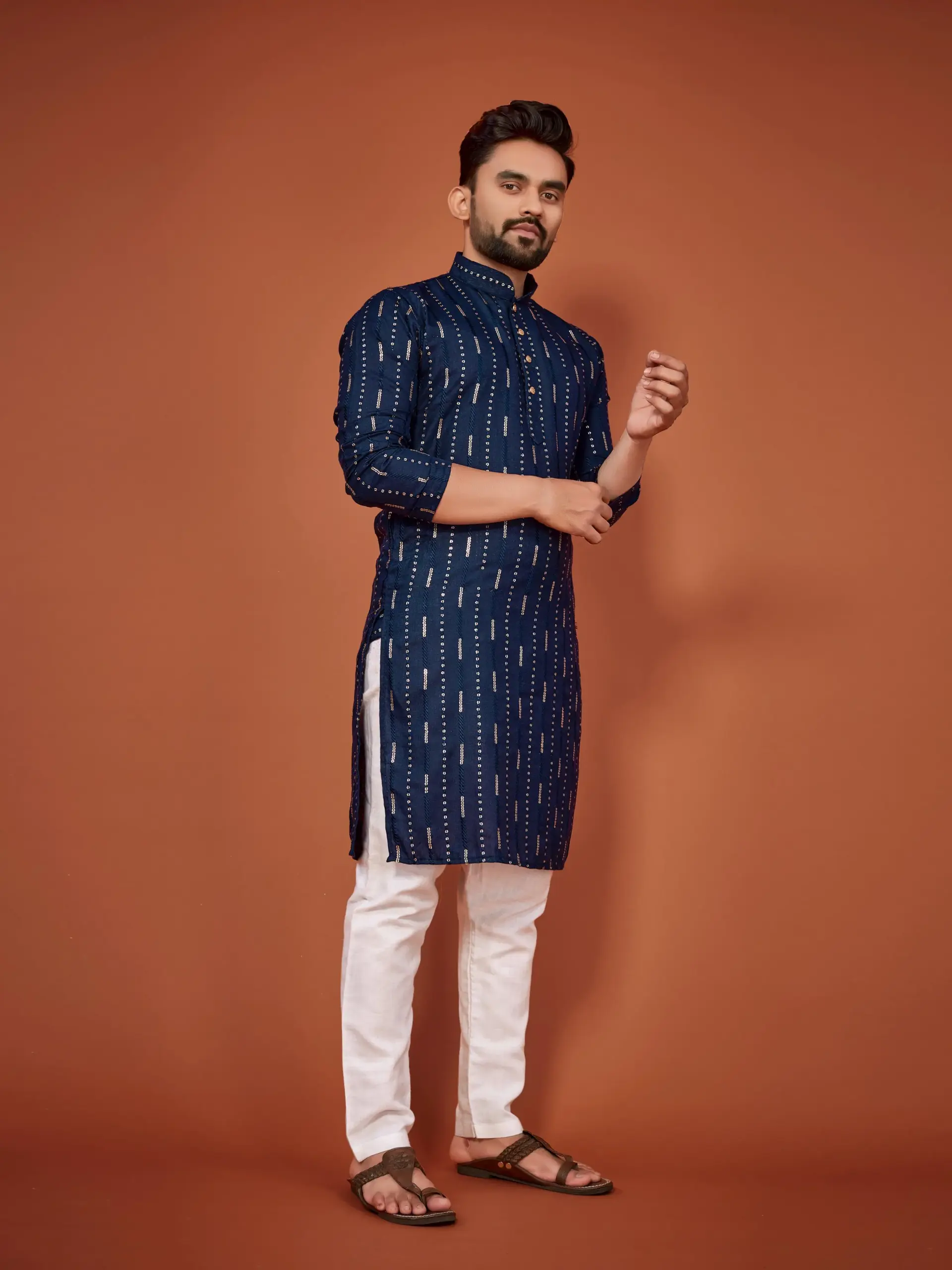 Blue Soft Cotton Sequins Work Mens Kurta Pyjama - Image 2