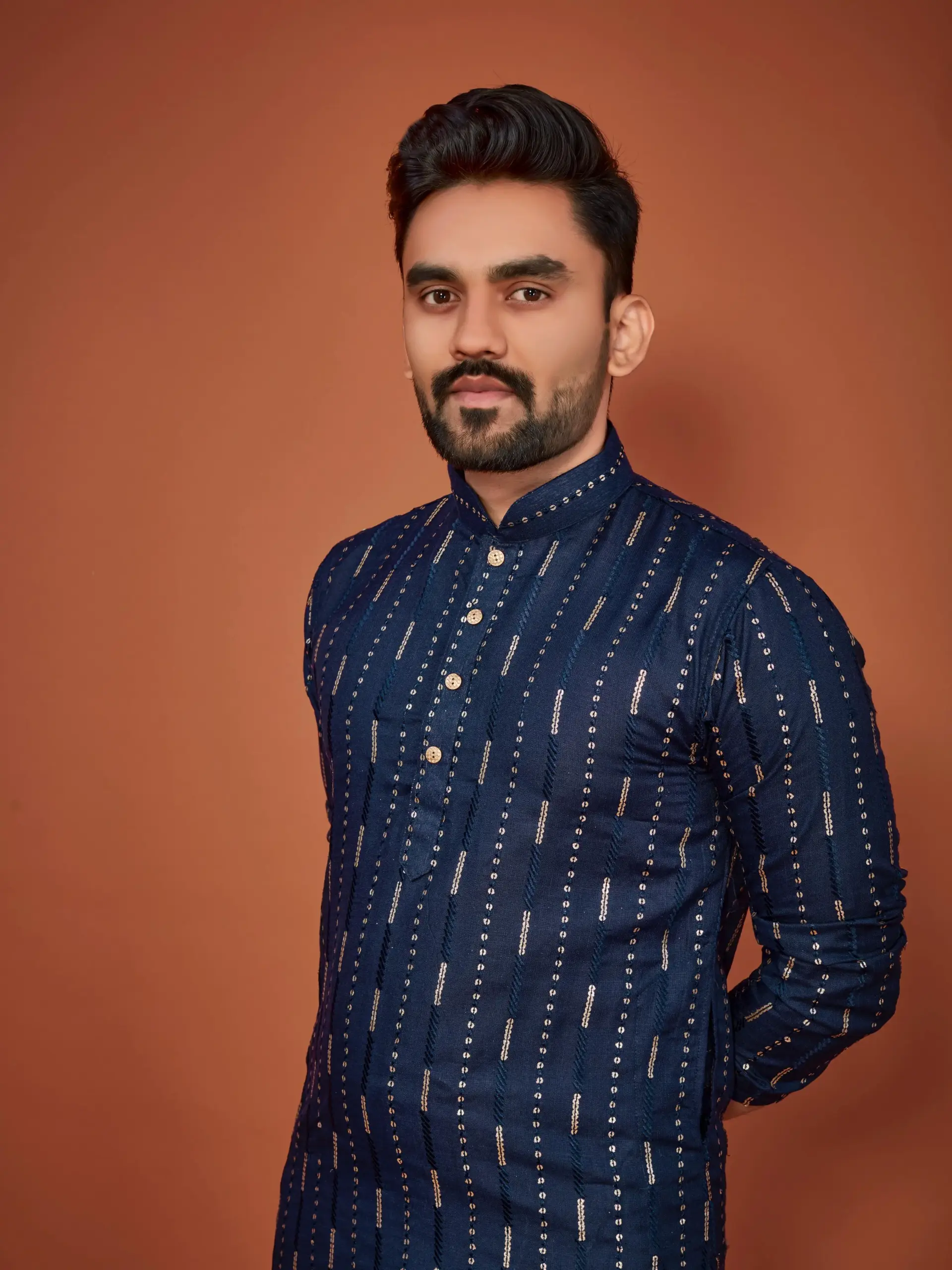 Blue Soft Cotton Sequins Work Mens Kurta Pyjama - Image 3