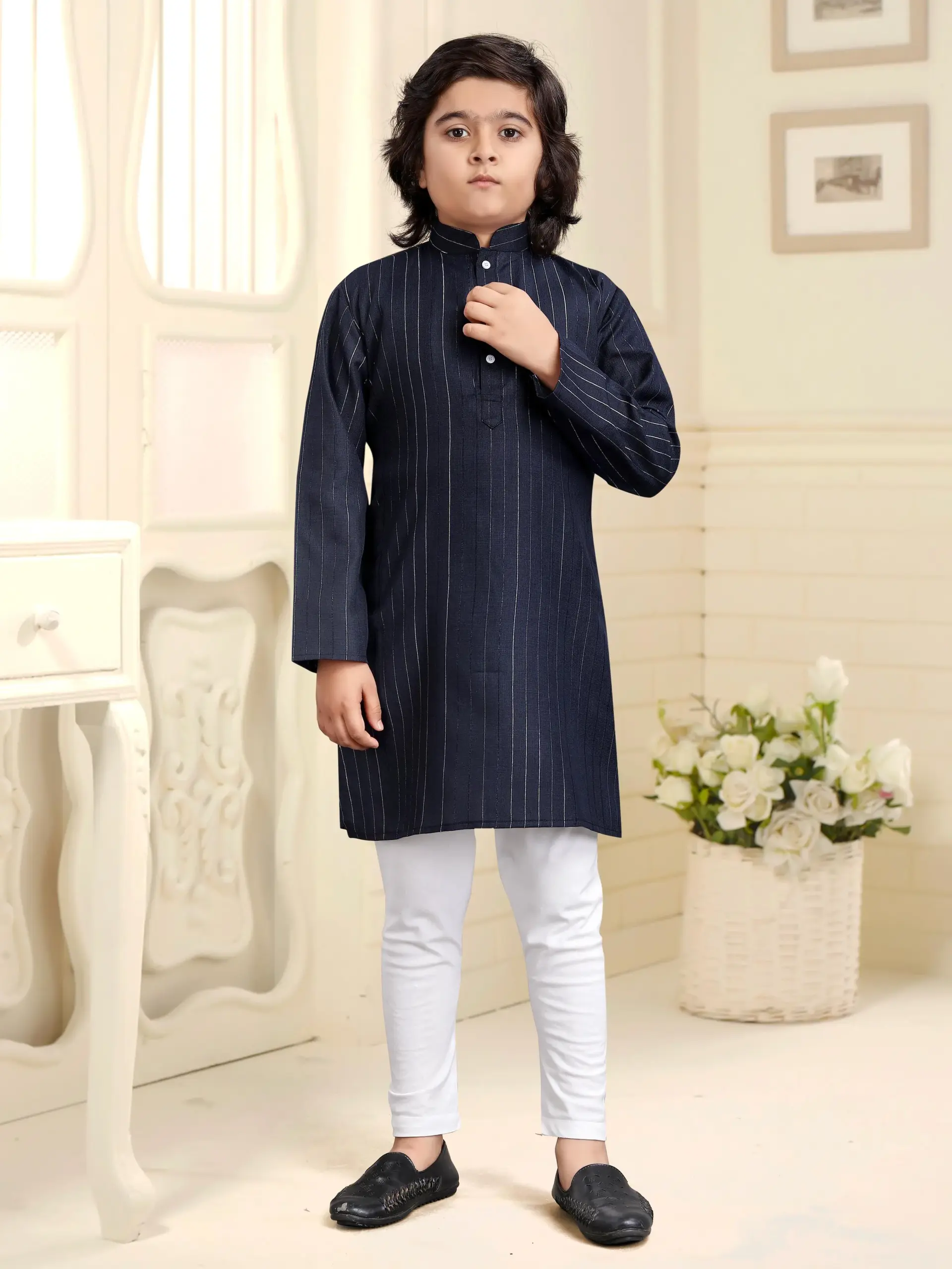 Navy Blue Pure Cotton Solid Kids Kurta With Pant