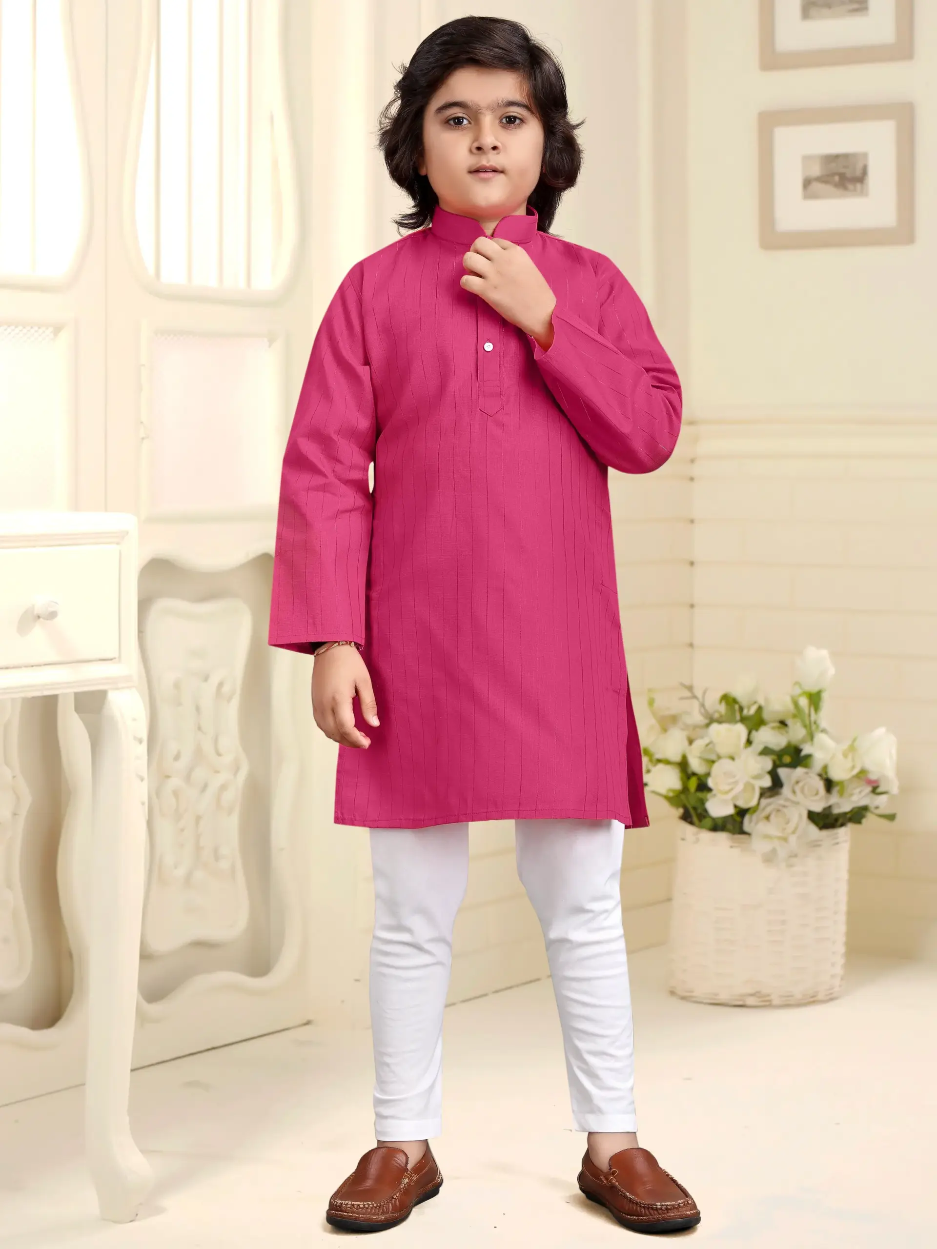 Pink Pure Cotton Solid Kids Kurta With Pant