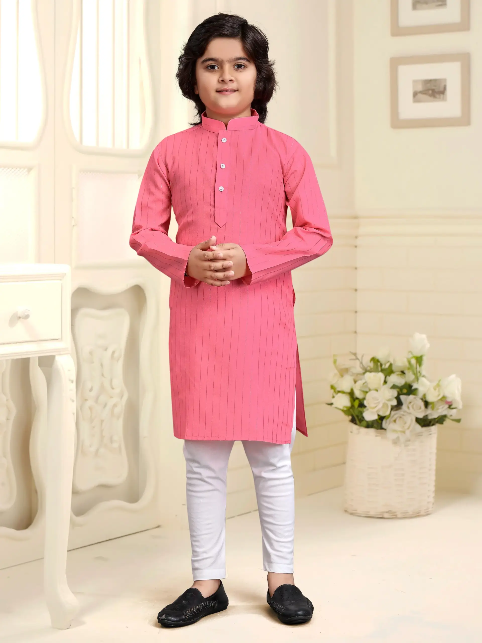 Light Pink Pure Cotton Solid Kids Kurta With Pant