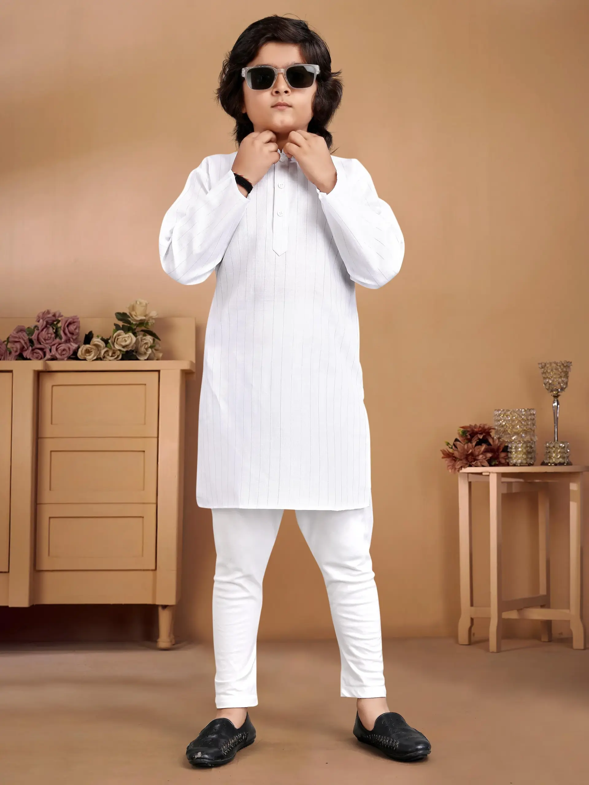 White Pure Cotton Solid Kids Kurta With Pant