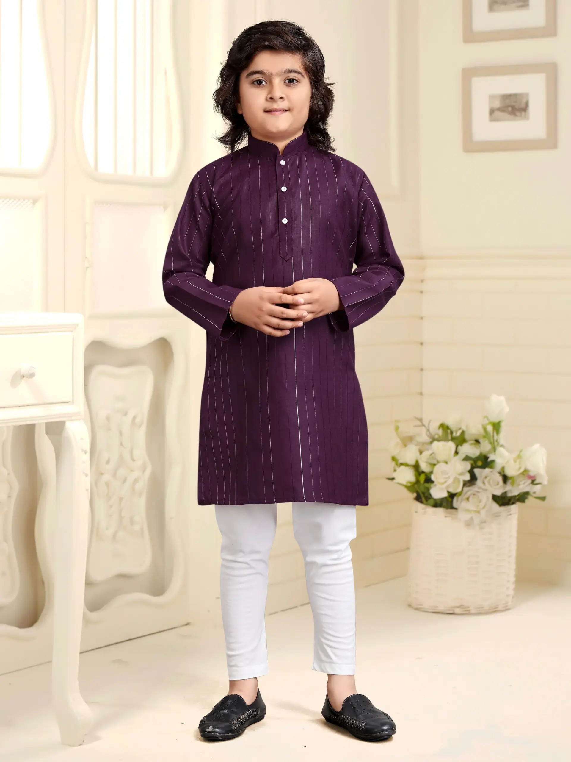 Wine Pure Cotton Solid Kids Kurta With Pant