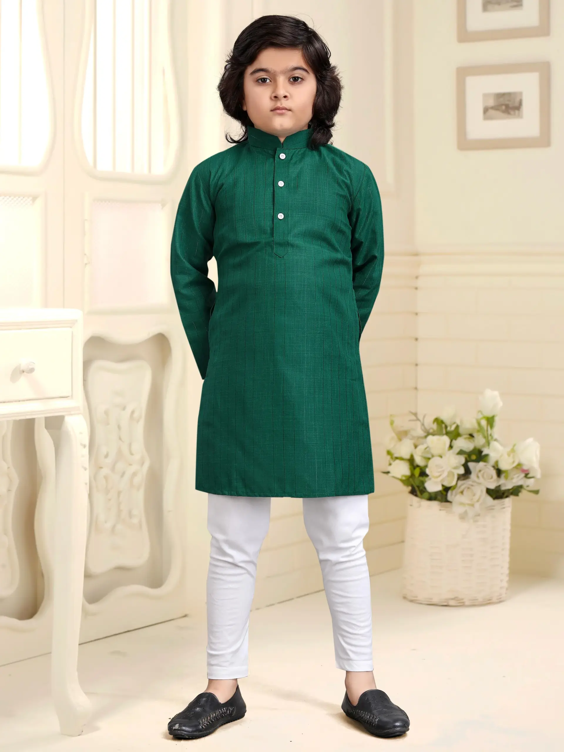 Green Pure Cotton Solid Kids Kurta With Pant