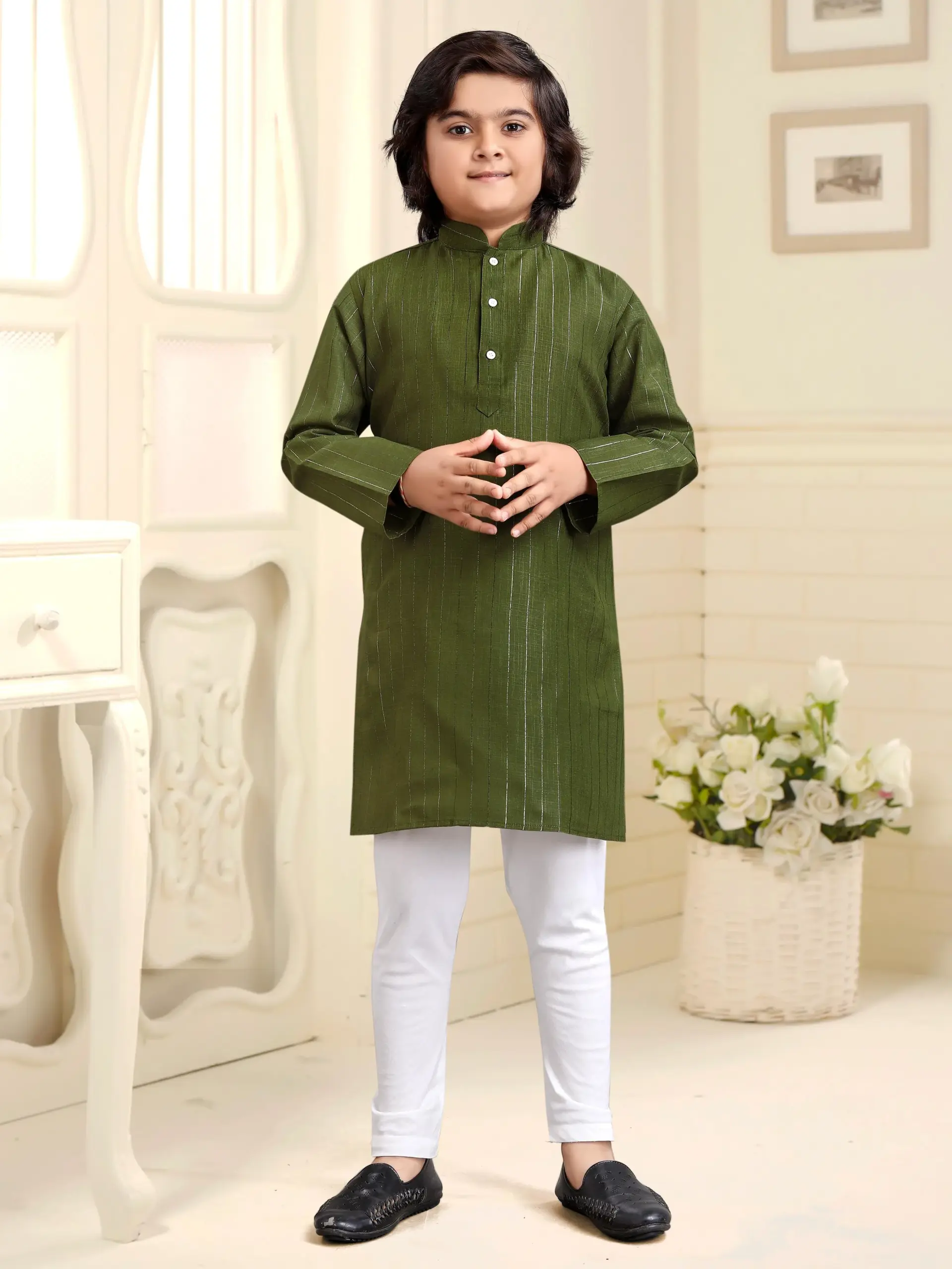 Olive Pure Cotton Solid Kids Kurta With Pant